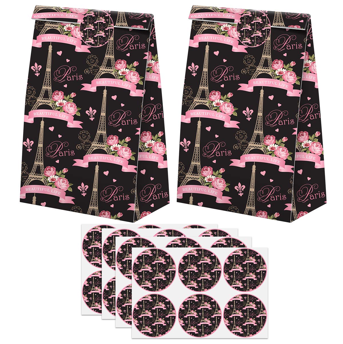 Paris Themed Party Favors - Elegant Candy Bags with Decorative Stickers for Birthday Celebrations, Bridal Showers & Baby Showers - French Inspired Goodie Gift Treat Bags for Parisian Themed Events