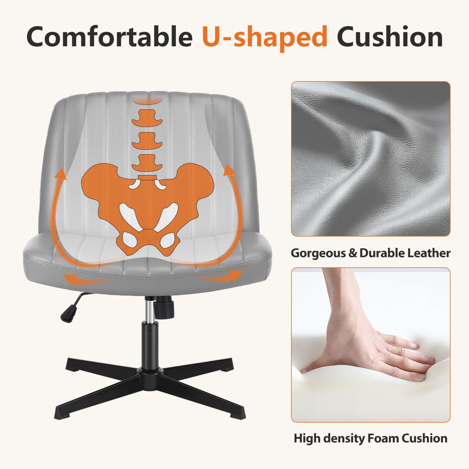 Sweetcrispy Armless Swivel Office Chair - Cross Legged Desk Chair Without Wheels, Wide Leather Seat for Home & Office Workspace | Perfect for Small Spaces, Meditation & Compact Workstations