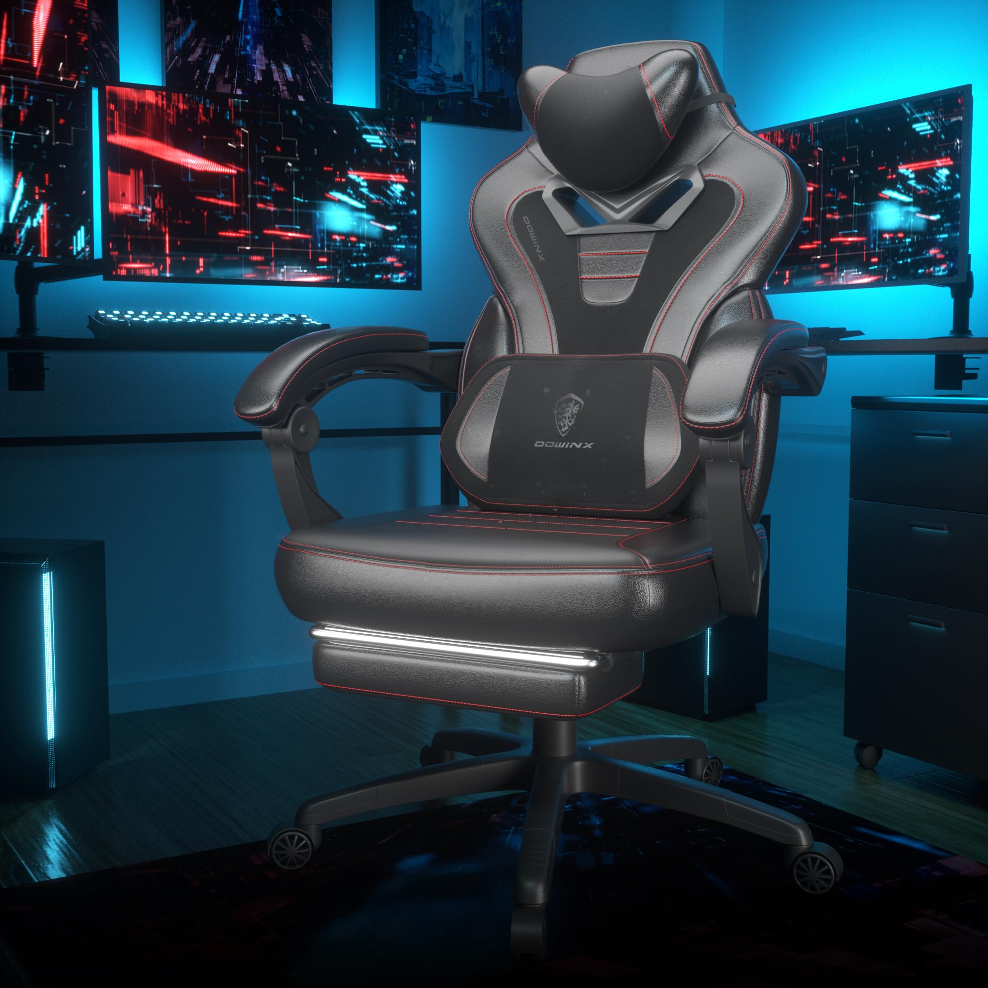 Dowinx Ergonomic Gaming Chair with Adjustable Footrest - Heavy Duty Big & Tall PC Gaming Chair for Adults - Massage Office Computer Chair - Perfect for Esports, Streaming & Long Gaming Sessions (Black)