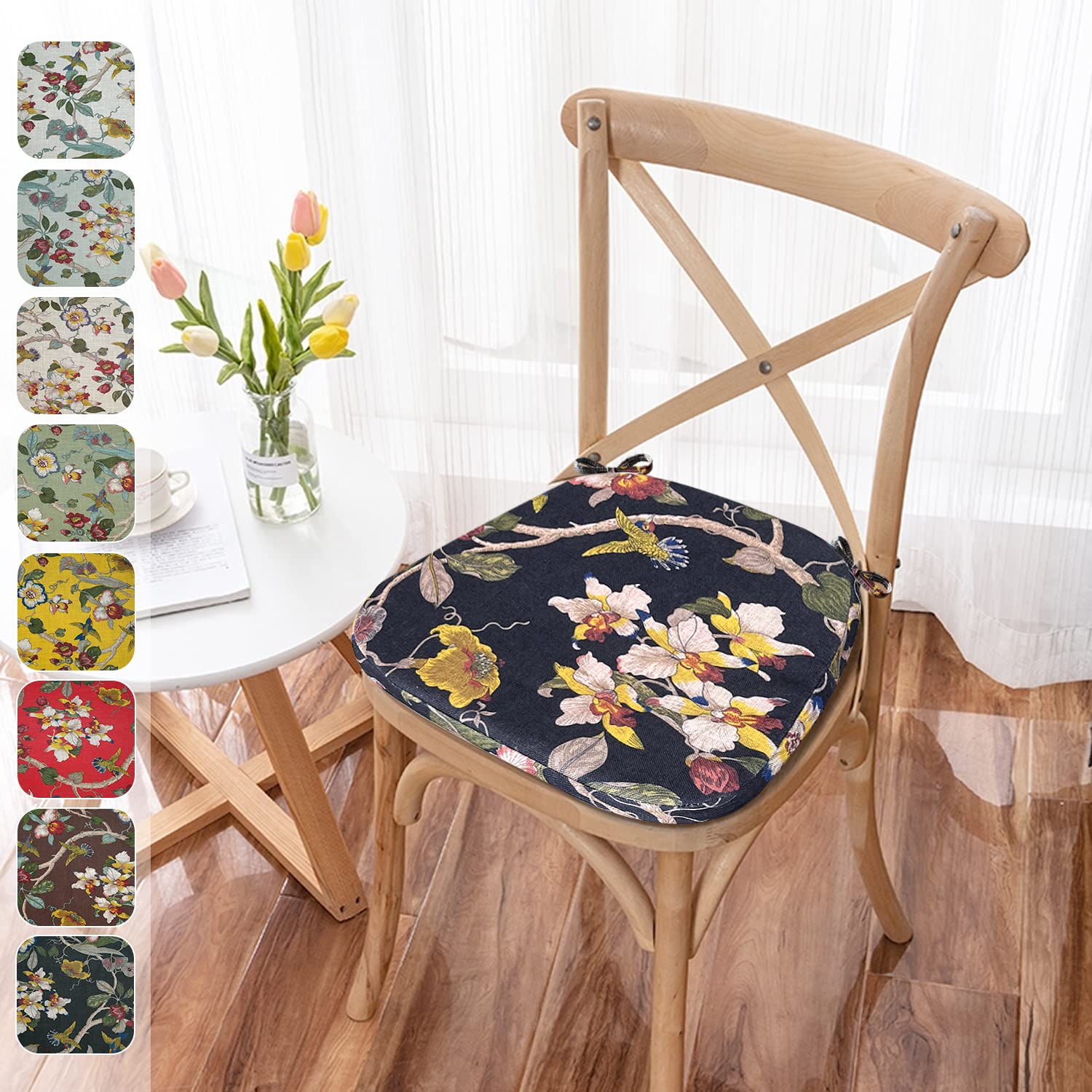 Non-Slip Kimgull Chair Pads for Dining Chairs - 17x15.7x1.2 Inch Black Floral Seat Cushions with Ties, Detachable Cover, Soft & Breathable - Perfect for Kitchen, Living Room, Office, and Restaurant Use