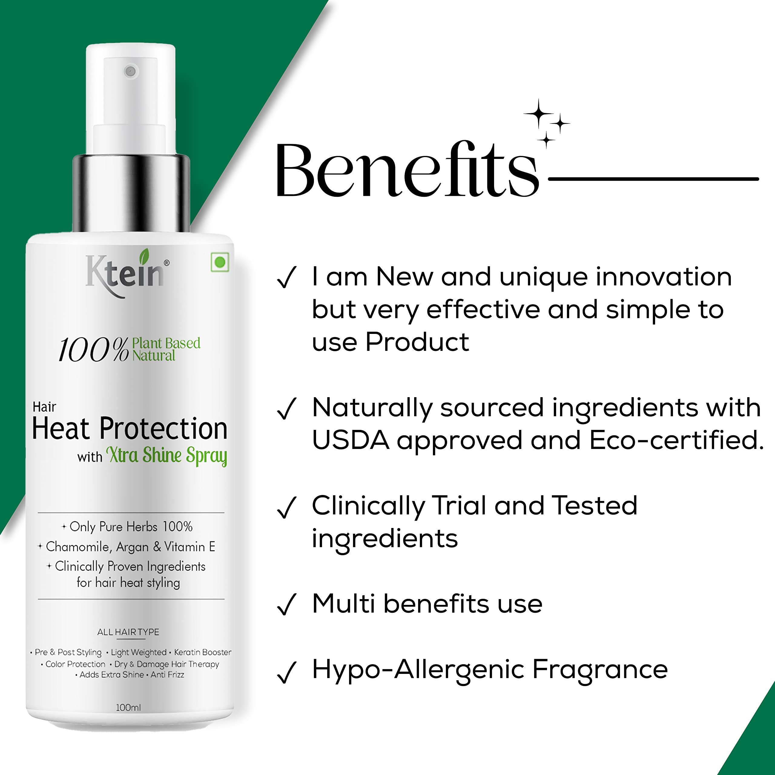 100% Plant Based Hair Heat Protection Spray with EXTRA SHINE - Chamomile, Argan Oil & Vitamin E (100ml) | Thermal Styling Guard for Curling Irons, Flat Irons & Blow Dryers | Vegan & Cruelty Free
