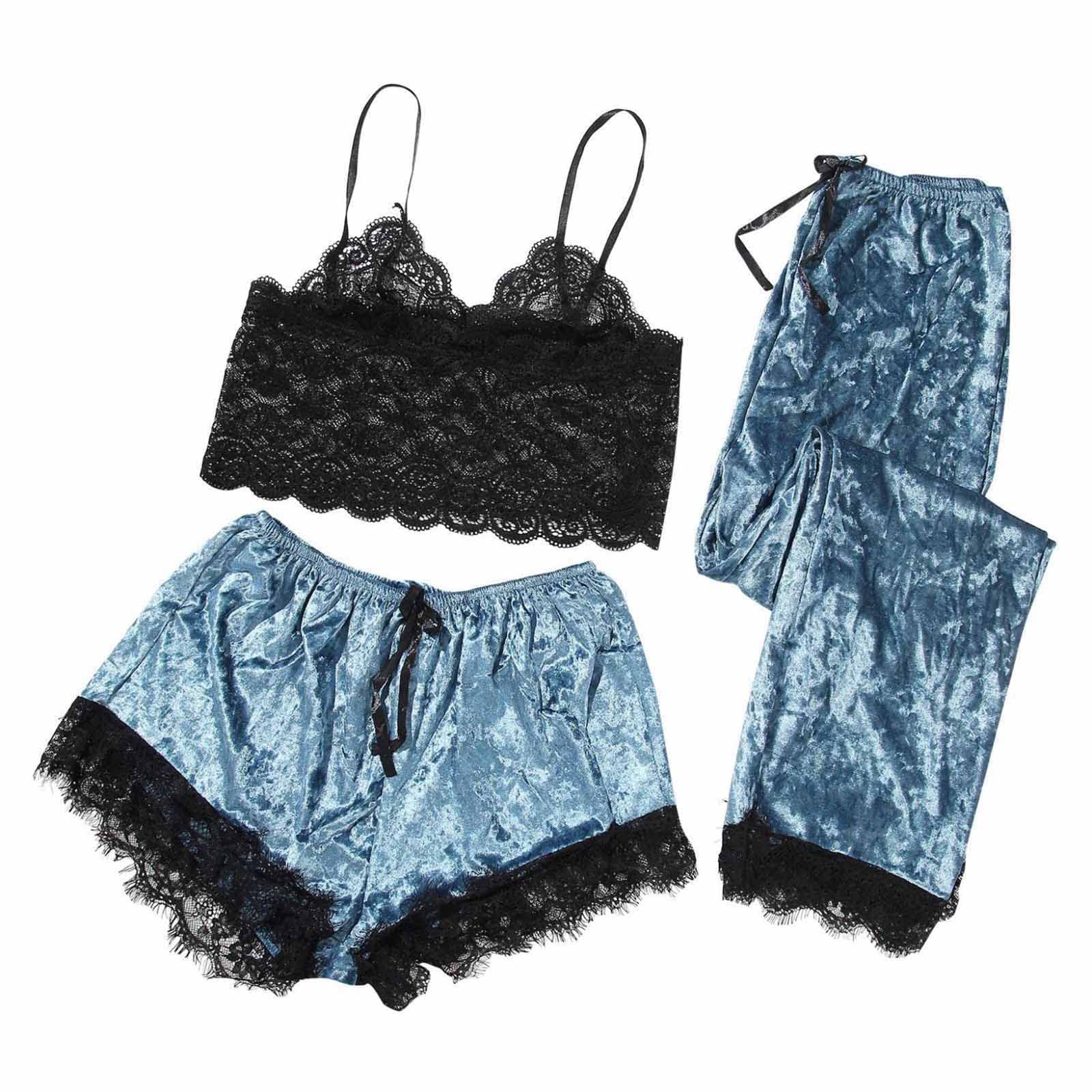 Women's Sexy Lace Trim Sleepwear Set - 2PC Velvet Cami Dress & Long Sleeve Robe Nightgown for Women, Soft Lounge Wear for Valentine's Day Gift, Anniversary Present or Romantic Nightwear