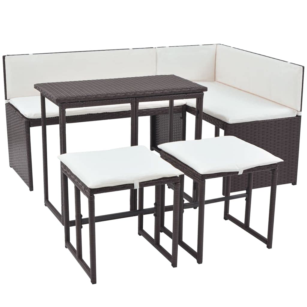 5-Piece Brown Poly Rattan Patio Dining Set with Steel Frame – Includes 2-Seater Sofa, Corner Sofa, Folding Table & Stools – Perfect for Outdoor Lounge, Garden or Backyard Relaxation