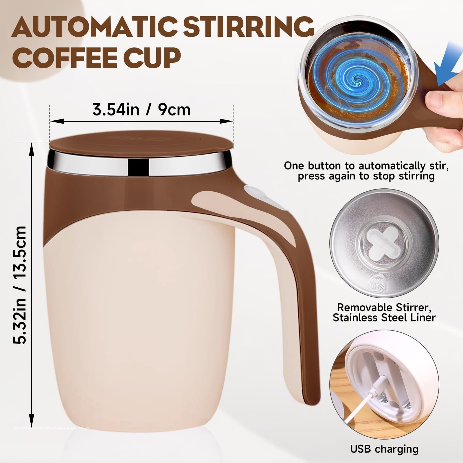 2025 Automatic Magnetic Stirring Coffee Mug - Self Stirring Stainless Steel Travel Mug with Lid for Coffee, Tea & Hot Drinks | Insulated Thermos for Office, Home & Commuting (Brown)