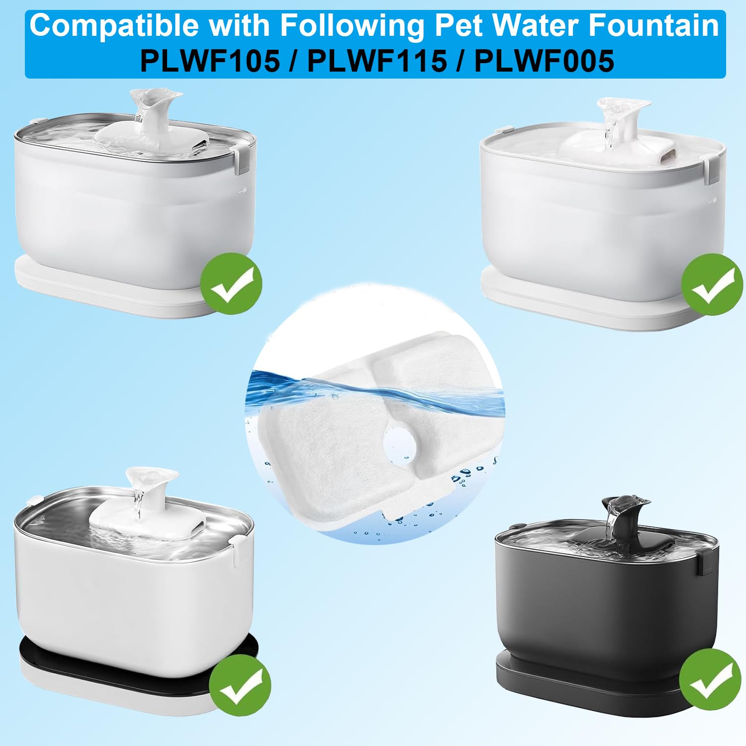 8 Pack Cat Water Fountain Filter Replacement - Compatible with PETLIBRO 2.5L/84oz PLWF005 & PLWF115 Cat Water Dispenser - Includes 8 Pre-Filter Sponges - Keep Your Pet Hydrated with Clean Water at Home or Office