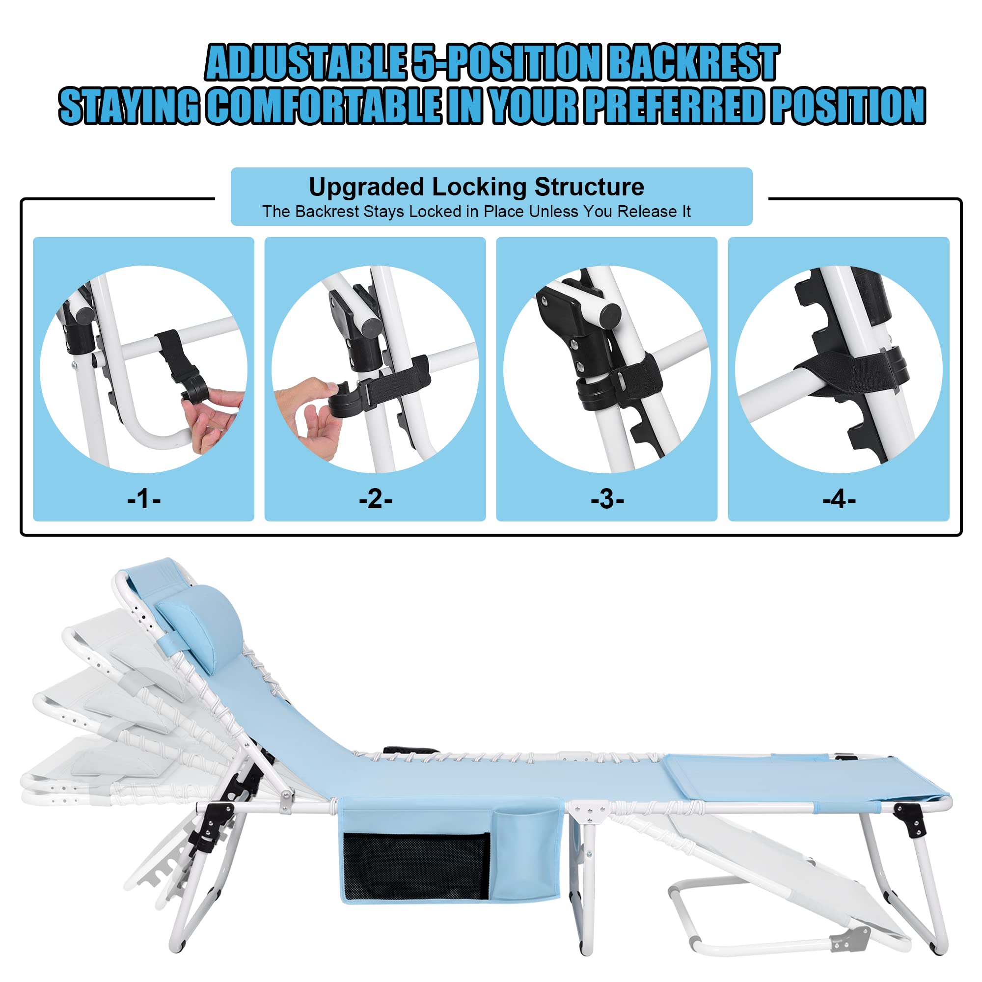 Premium Heavy Duty Tanning Chair with Face Hole - Adjustable 5-Position Folding Chaise Lounge for Outdoor Use | Portable, Lay Flat Design Perfect for Beach, Poolside, Patio, Lawn, Camping & Deck Sunbathing | Ideal for Relaxation, Vacation & Outdoor Leisure Activities