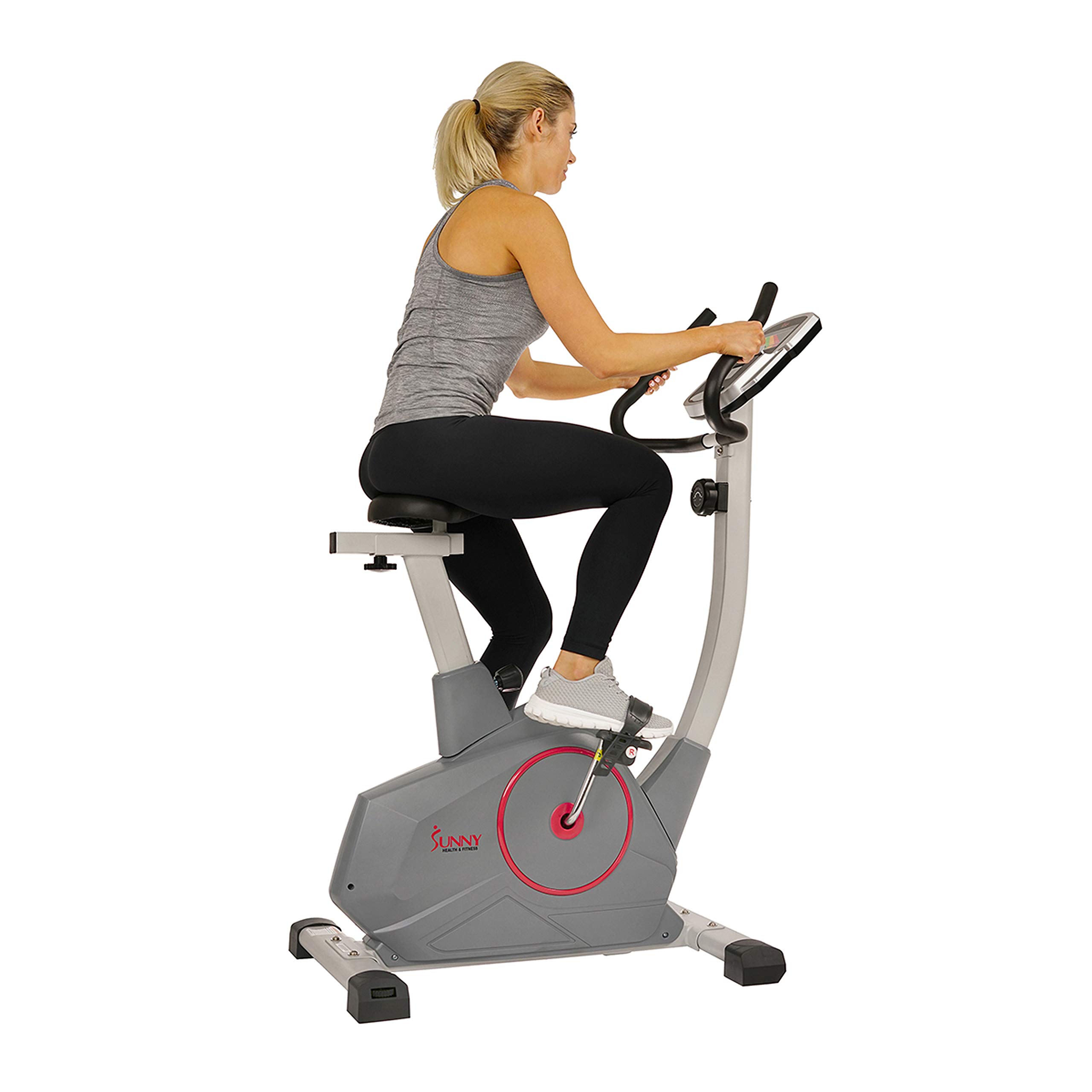 Sunny Health & Fitness Stationary Exercise Bike with Pulse Sensor, 4-Way Adjustable Seat & Bluetooth Connectivity - Home Cardio Workout Machine with Optional Resistance Bands & Free SunnyFit App - Perfect for Indoor Cycling, Weight Loss & Home Gym Training