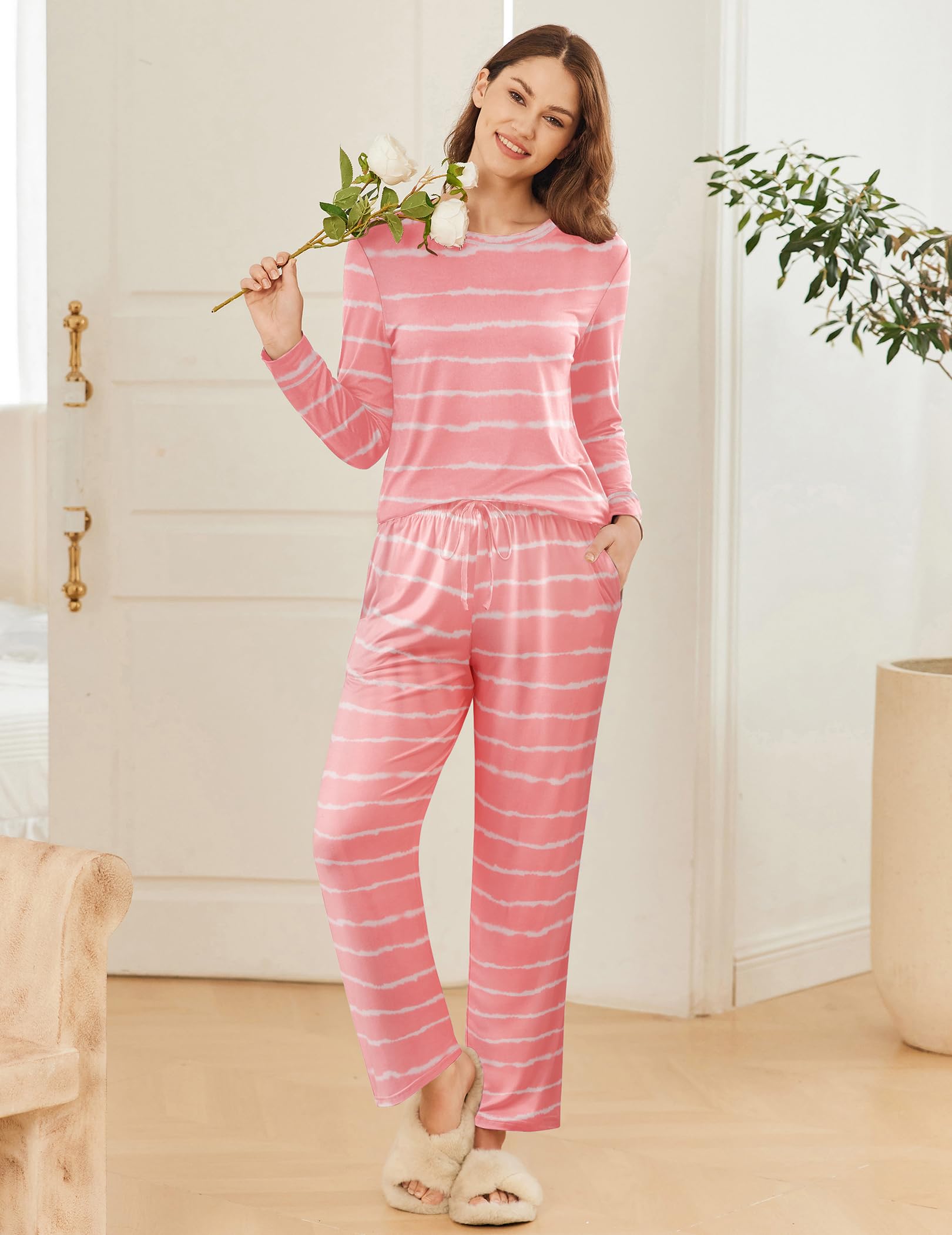 Ekouaer 2 Pack Women's Pajama Set - Soft Long Sleeve Sleepwear with Pockets for Lounge & Sleep S-XXL