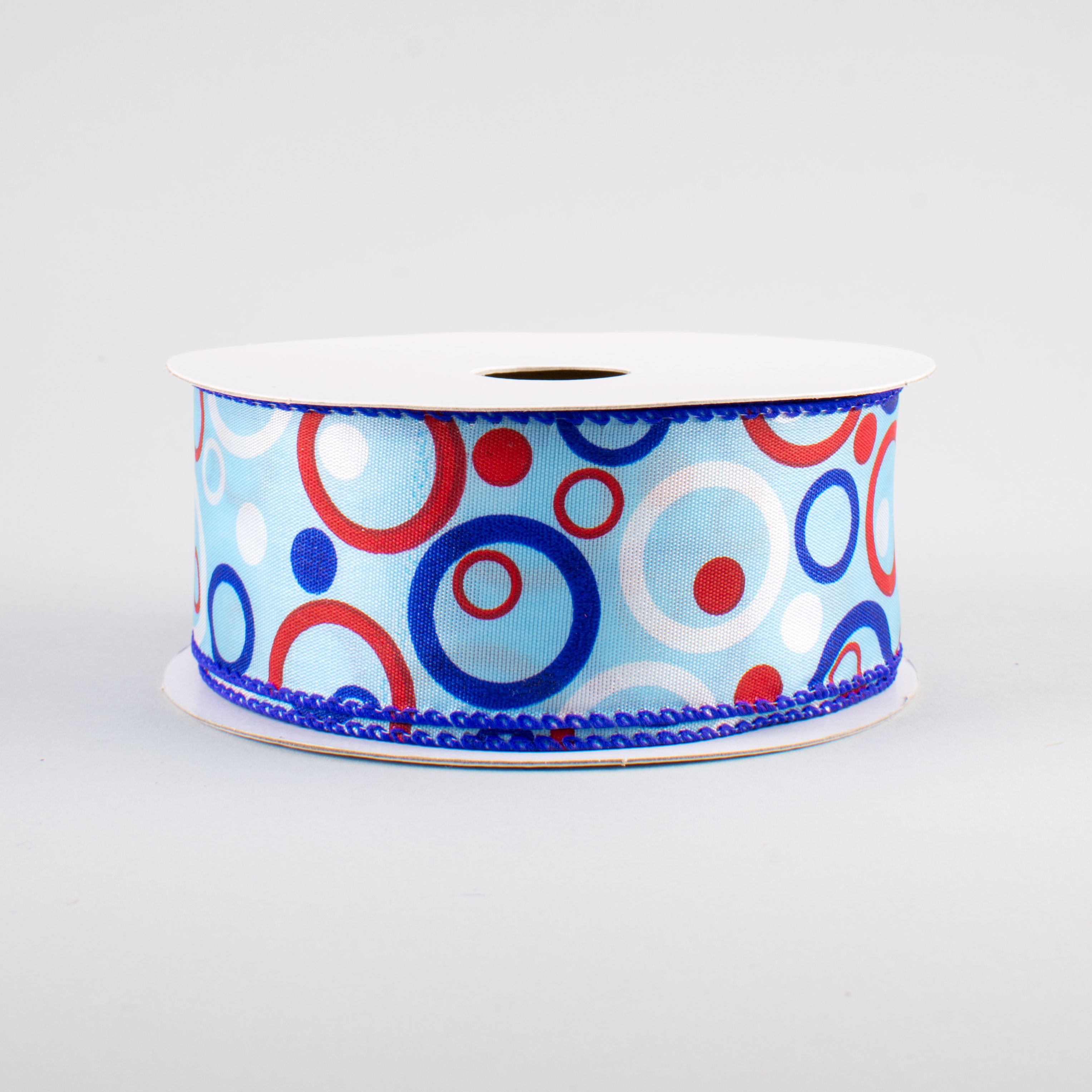 1.5 Inch Red White Blue Bubble Circles Ribbon - 10 Yards Bulk Roll for Gift Wrapping, Party Decorations, and DIY Crafts