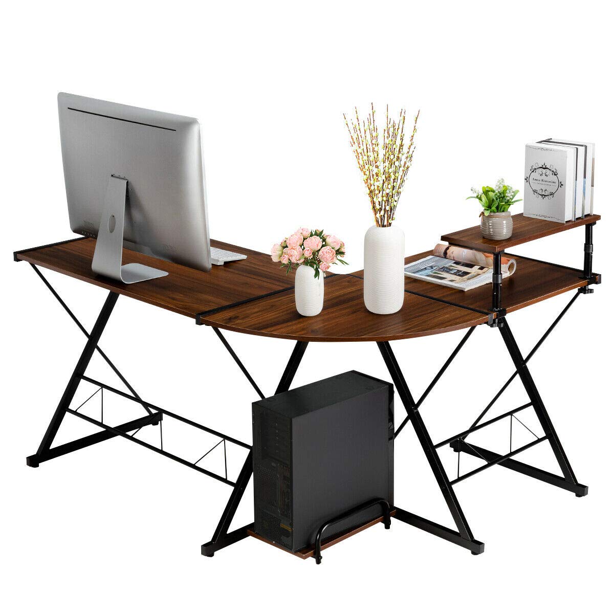 Modern L-Shaped Reversible Corner Desk with CPU Stand - Sturdy Multifunctional Home Office Computer Table in Walnut Finish for Small Spaces & Workstations