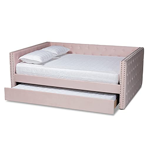 BOWERY HILL Pink Velvet Upholstered Queen Size Daybed with Trundle - Luxurious Sofa Bed for Guest Room, Living Room & Small Space Decor