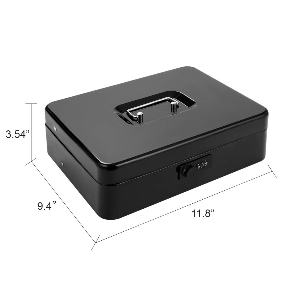 Heavy Duty Metal Cash Box with Money Tray & Combination Lock - 11.8