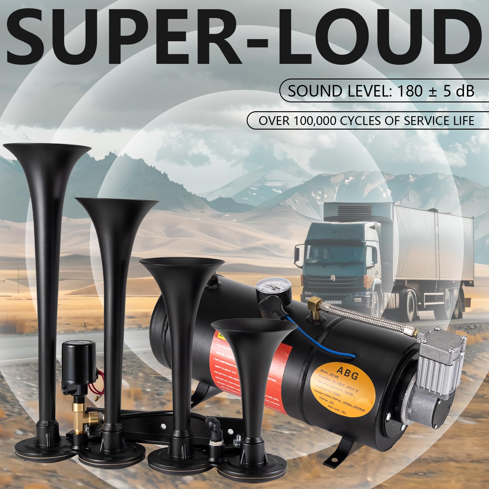 180dB Super Loud Train Horn Kit for Trucks - 12V Air Compressor with 150 PSI Air Tank - Compatible with Truck, Car, Jeep, SUV, Pickup & Boat - Perfect for Emergency Alerts & Off-Road Adventures