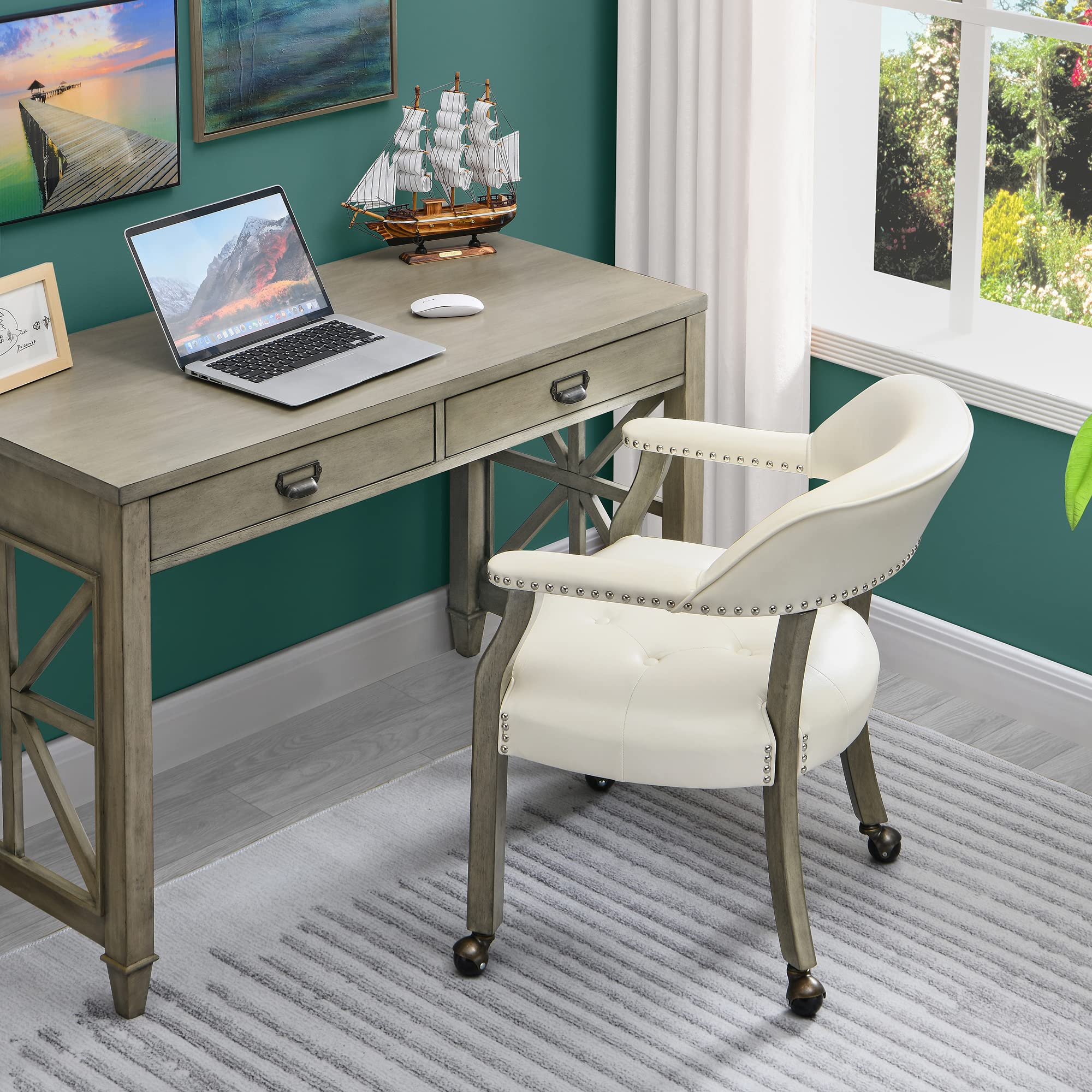 MODERION Swivel Dining Chairs with Wheels & Arms - Solid Wood Executive Office Chairs, Upholstered Desk Chairs, Classic Accent Chairs for Living Room (31.5