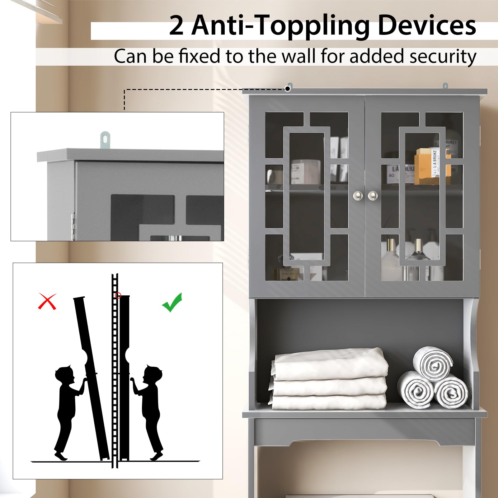Over The Toilet Storage Cabinet - Wooden Bathroom Organizer with Adjustable Shelves, Double Doors & Open Storage - Space Saving Freestanding Toilet Rack Unit (Gray) - Perfect for Small Bathrooms, Apartments & Dorm Rooms