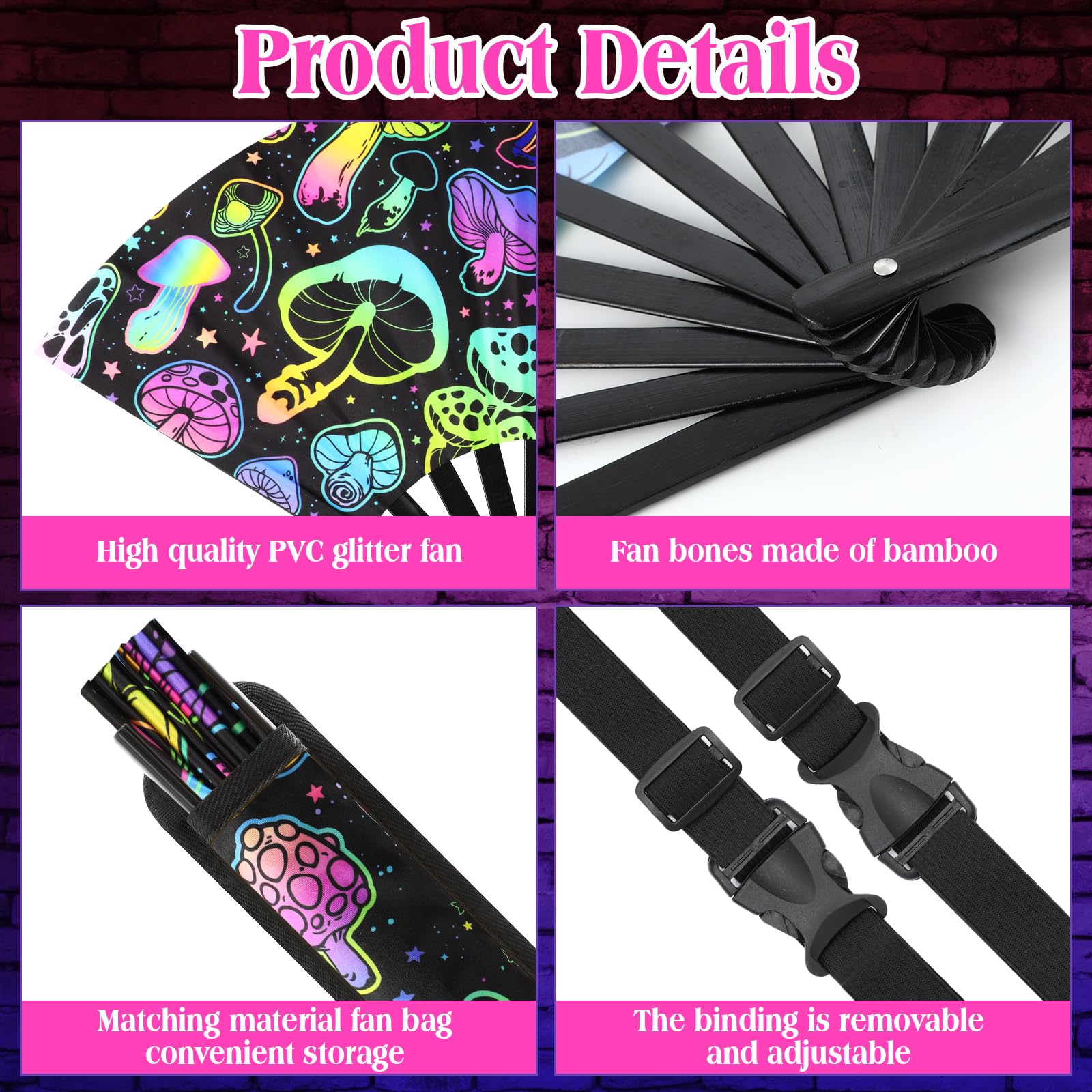 UV Glow Hand Fan with Holster for Rave & EDM Festivals - Large Reflective Mushroom Design Disco Party Accessories for Men & Women - Perfect for Nightclubs, Music Festivals and Glow Parties