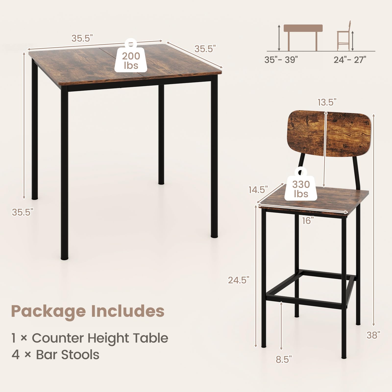 **Powerstone 5-Piece Industrial Counter Height Dining Set - Metal Frame Kitchen Table & 4 Bar Chairs for Pub, Restaurant, or Rustic Home Decor - Perfect for Small Spaces & Entertaining**