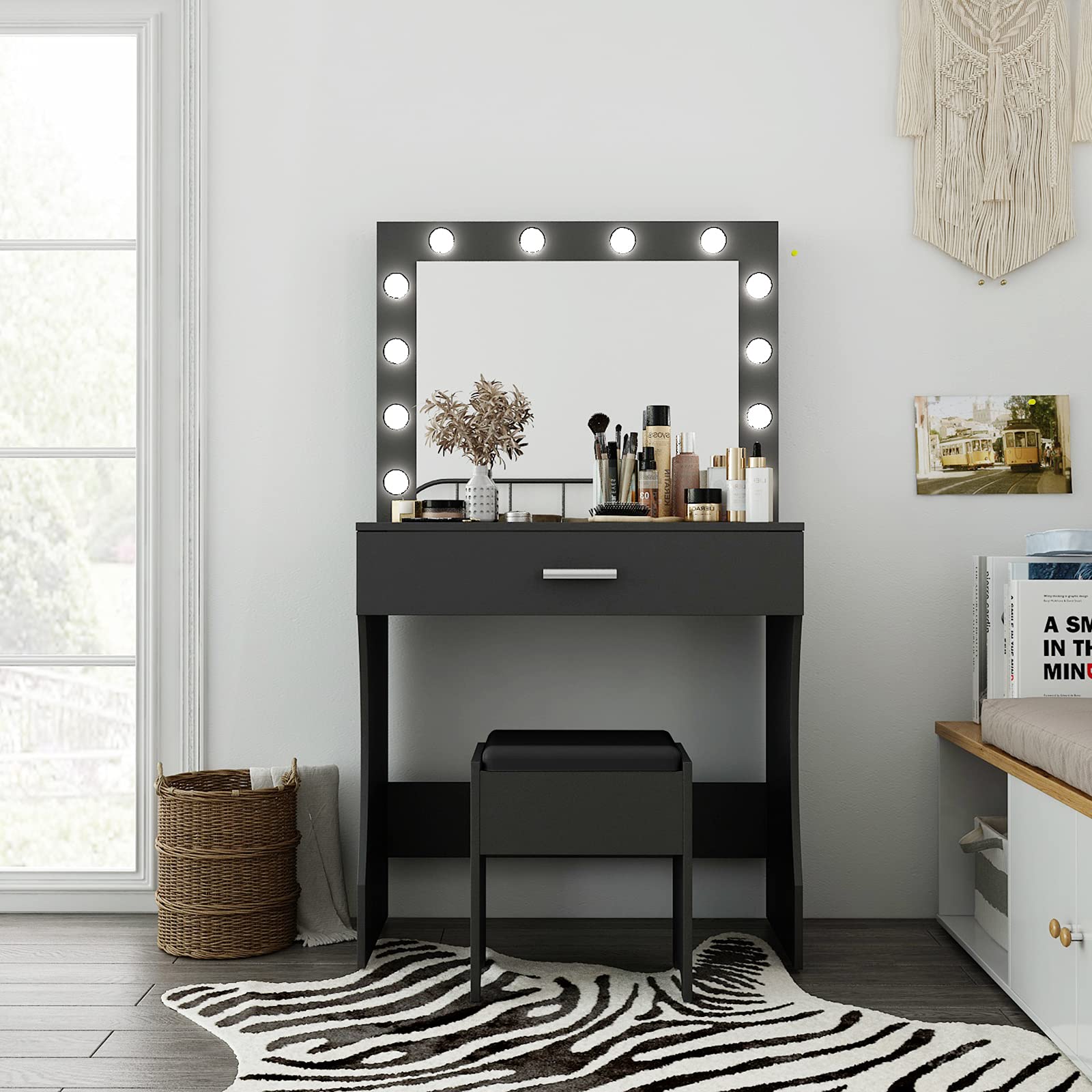Lighted Vanity Table Set with Mirror for Women & Girls - Makeup Vanity Desk with Large Drawers, Cushioned Stool & Extra Storage | Perfect for Bedroom, Dressing Room & Beauty Salon