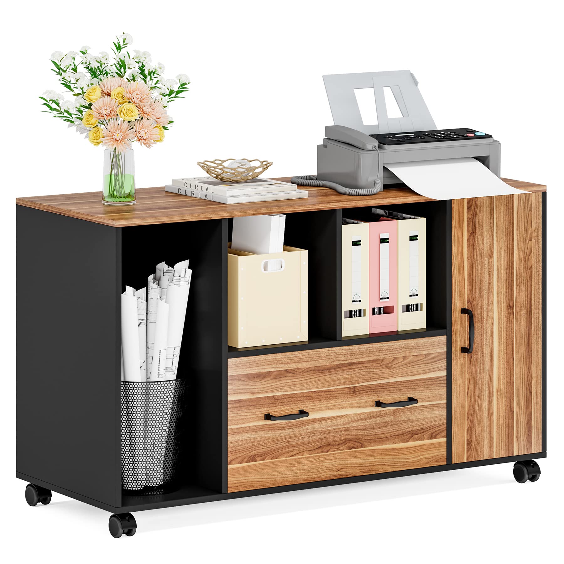 Little Tree Rolling File Cabinet with Drawer & Door - Mobile Storage Cabinet with Shelves & CPU Holder for Home Office, Living Room - Perfect for Organizing Documents, Office Supplies & Electronics