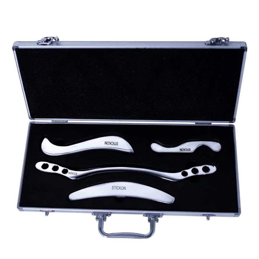 STICKON Stainless Steel Gua Sha Scraping Massage Tool Set - IASTM Tools for Soft Tissue Mobilization & Muscle Recovery (J Shape) - Perfect for Facial Massage, Body Therapy & Pain Relief at Home or Spa