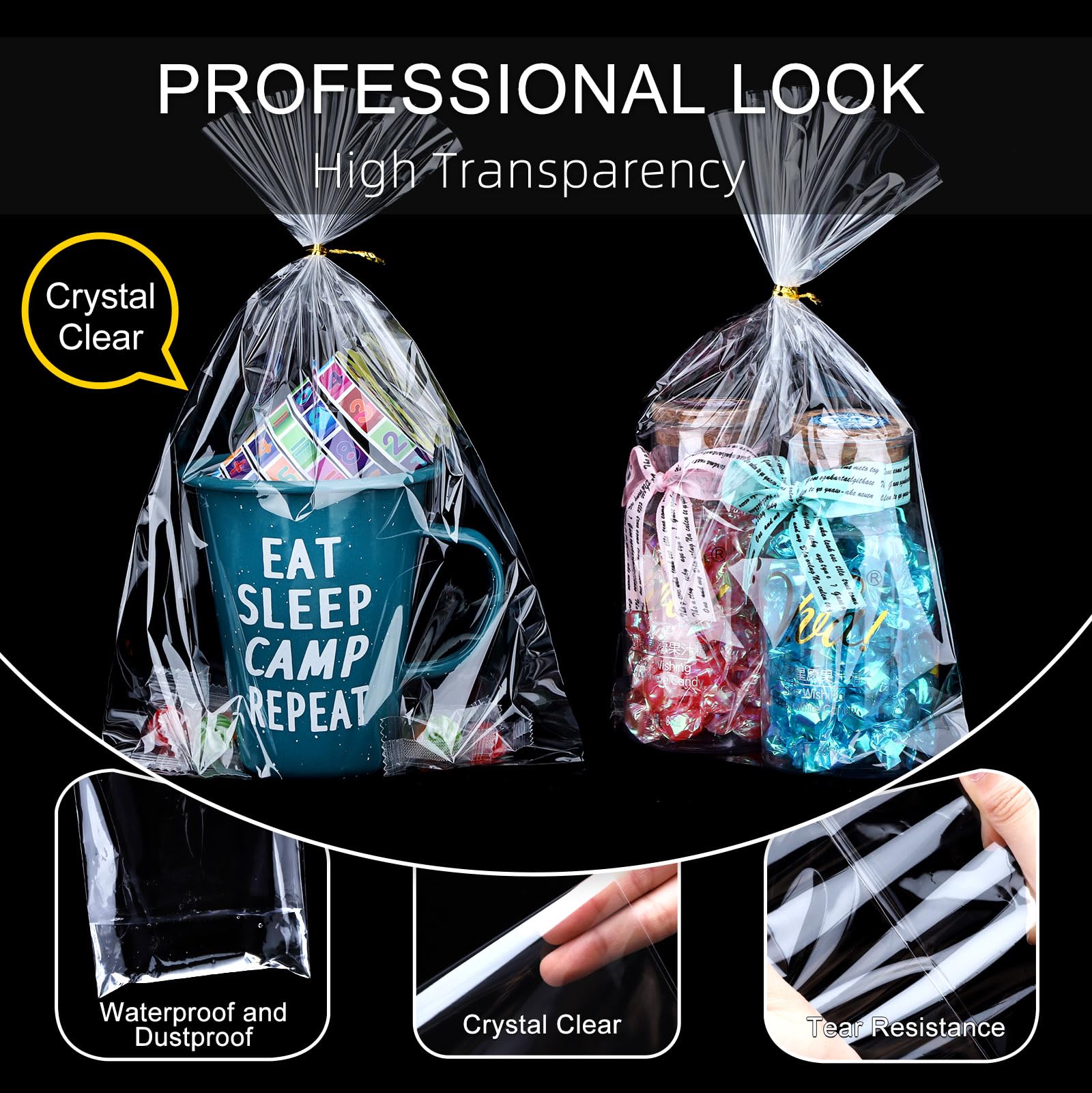 100pcs 8x12 Inch Clear Cellophane Candy Bags with Ties - Treat Bags for Party Favors, Goodie Bags, Cake Pops, Gift Baskets, Bakery Cookies & Apple Gifts - Perfect for Birthday Parties, Baby Showers & Holiday Gift Wrapping