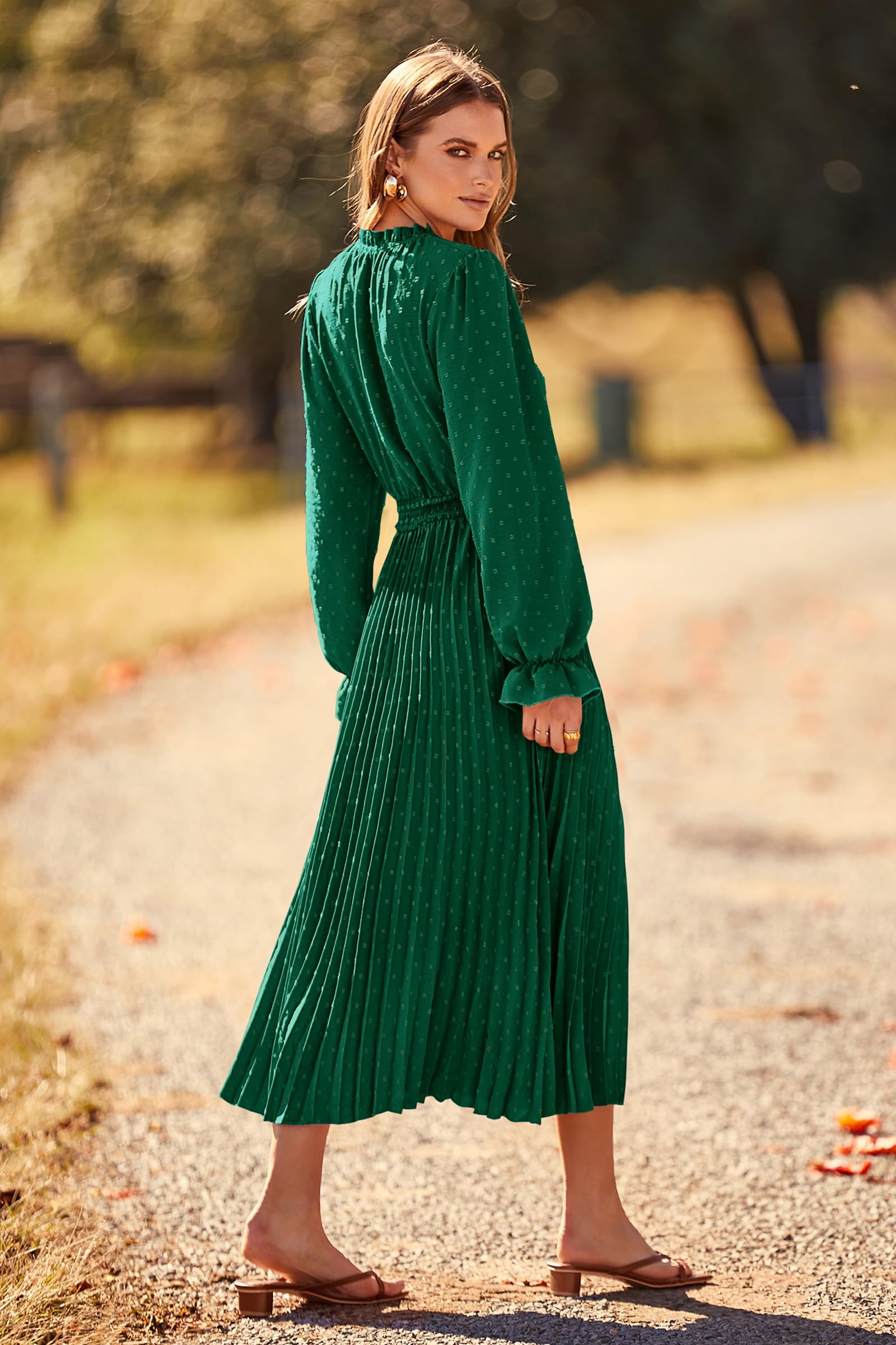 PRETTYGARDEN Women's Swiss Dot Pleated Midi Dress - Long Sleeve V-Neck A-Line Flowy Casual Dress for Spring Fall 2025 | Perfect for Office, Date Night & Special Occasions