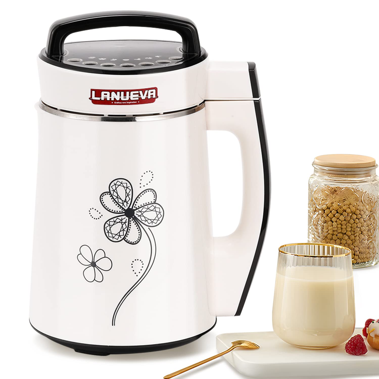 LANUEVA 1.3L/44OZ 8-in-1 Soy Milk Maker Machine for Almond, Oat, Vegan Nut Milk & Smoothies - Self-Cleaning with Recipe Book - Perfect for Healthy Breakfast & Homemade Plant-Based Drinks (110V)