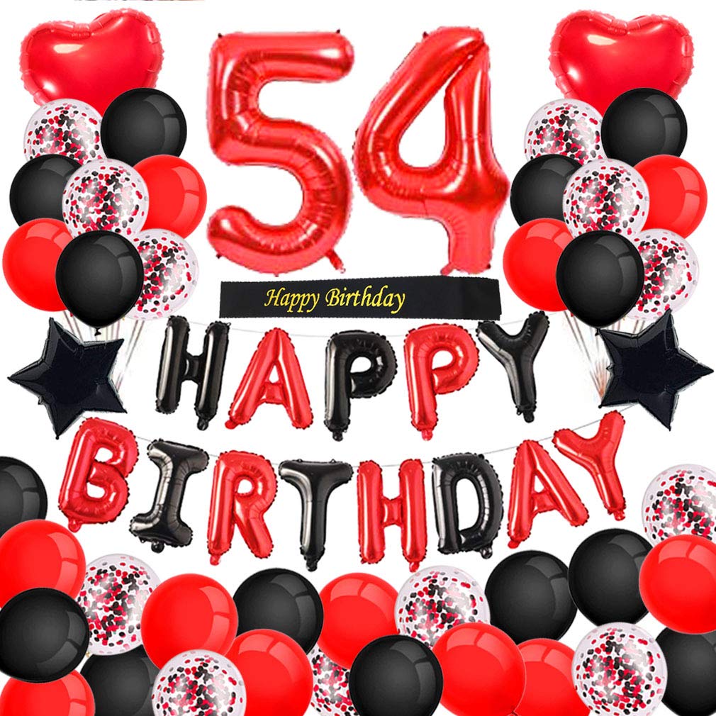 Minhero 54th Birthday Party Decorations - Red & Black Happy Birthday Banner, Number 54 Balloons, Sash with Latex & Confetti Balloons for Women's 54th or 45th Birthday Celebration - Perfect for Adult Birthday Parties, Milestone Celebrations & Surprise Decorations
