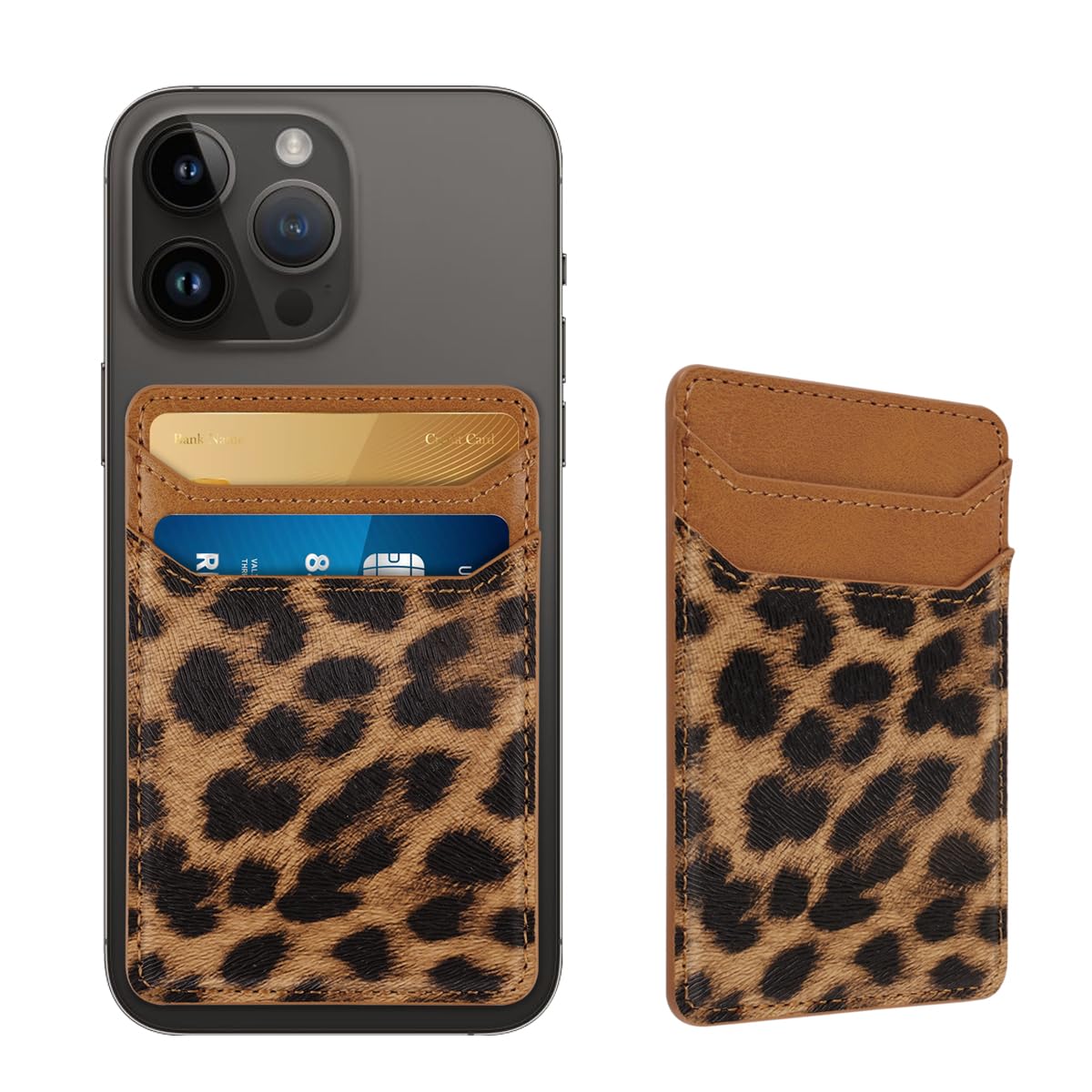 Self Adhesive Card Holder for Phone Back - Genuine Leather RFID Blocking Wallet Pocket with Strong Adhesive - Credit Card Sleeve for iPhone & Samsung Cases (Leopard Print) - Perfect for Hands-Free Shopping, Travel & Contactless Payments