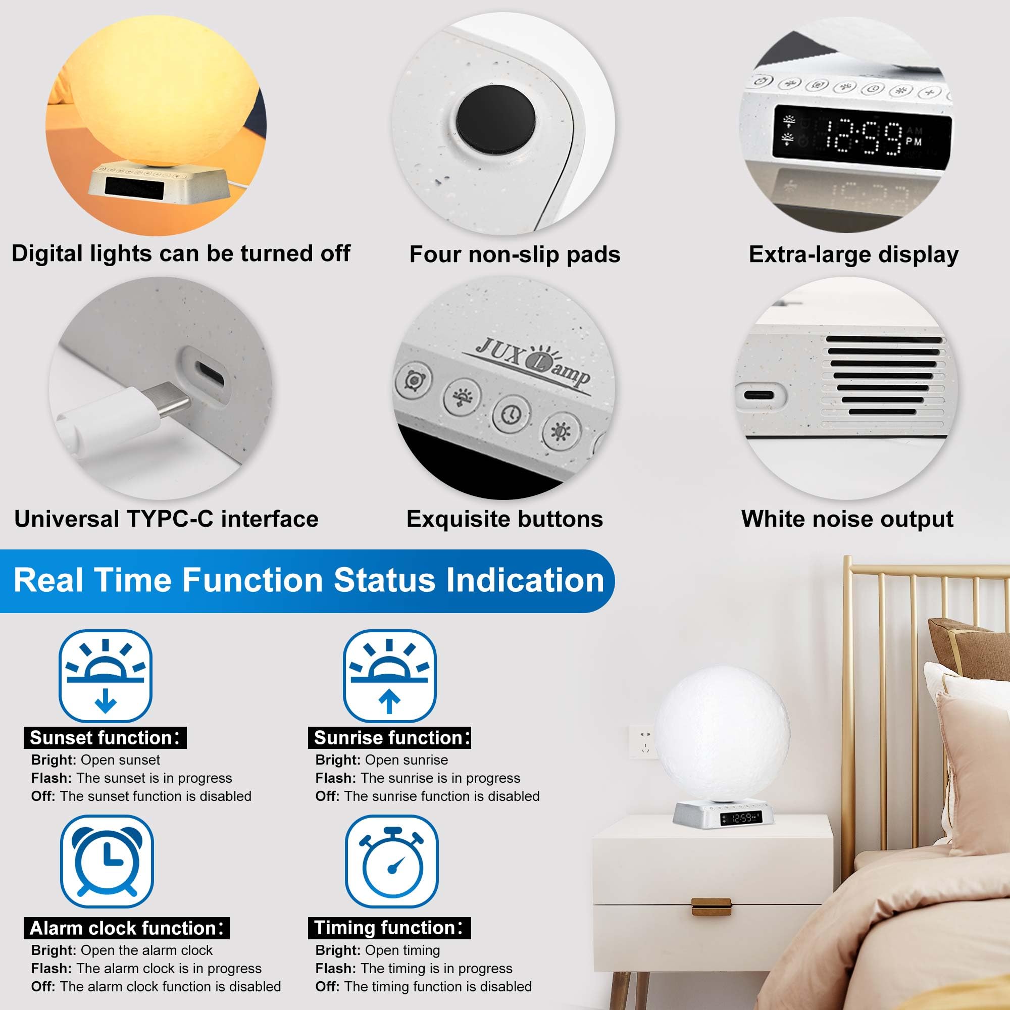 Sunrise Alarm Clock & Moon Lamp - 3 Color Adjustable Light Therapy Lamp with White Noise, UV-Free Wake Up Light for Bedroom, Office, Living Room - Perfect for Relaxation, Reading & Mood Enhancement