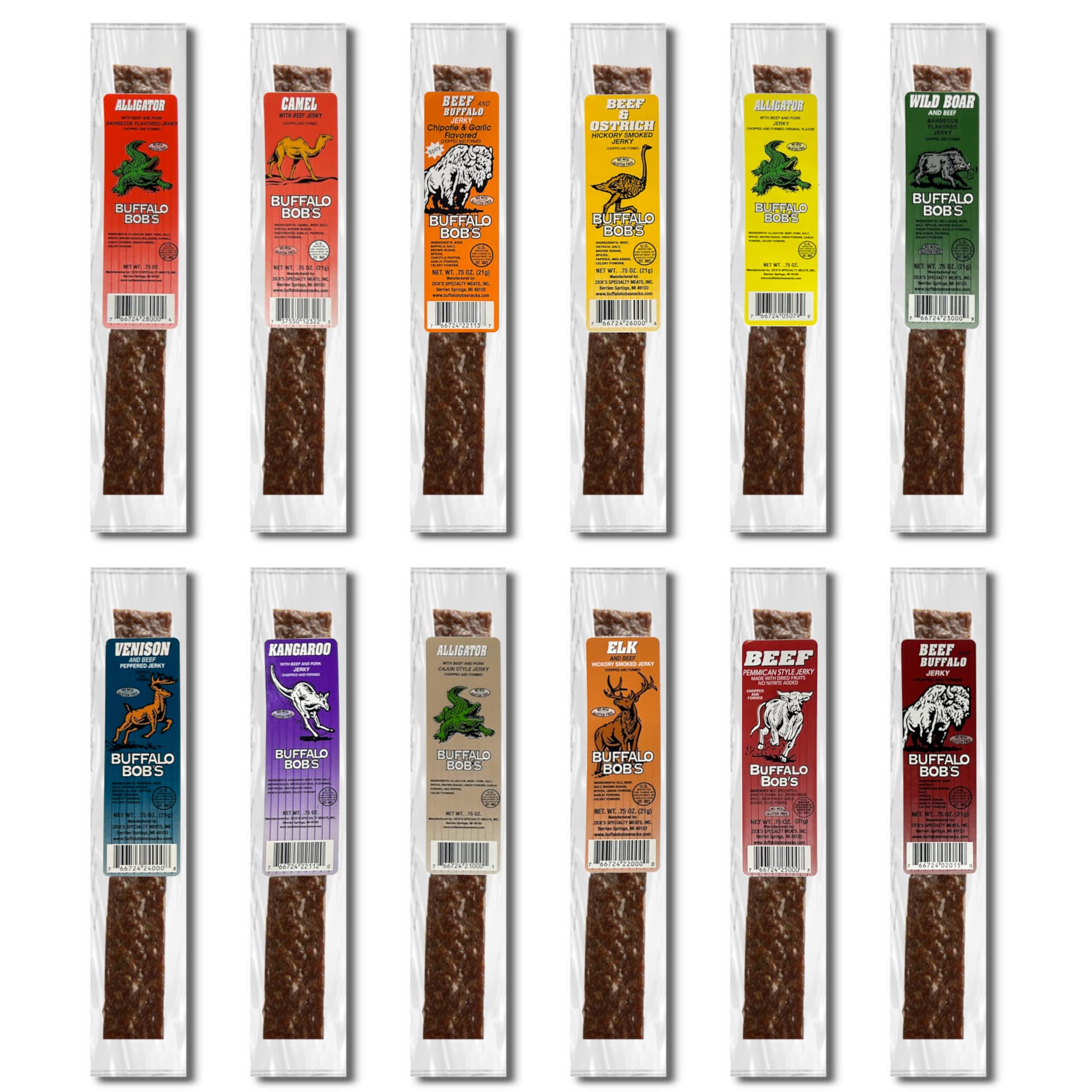 BUFFALO BOB'S Wild Game Meat Snacks - 50 Assorted Exotic Jerky Flavors Including Alligator, Buffalo, Elk & Venison - High Protein Adventure Snacks for Hiking, Camping & Gifts for Men, Dad & Outdoors Enthusiasts