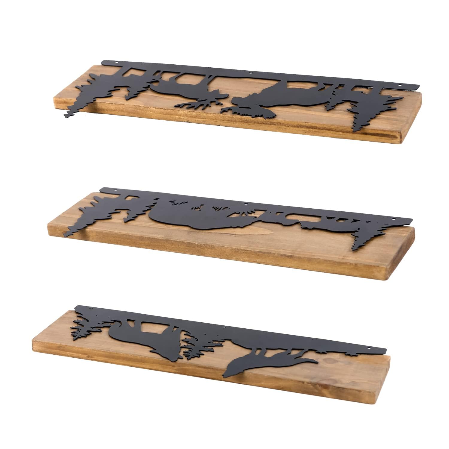 SOFFEE DESIGN Set of 3 Forest Themed Floating Shelves - Wooden Wall Decor with Metal Bear, Wolf & Deer Pine Pattern (Black Finish) - Perfect for Living Room, Bedroom or Nursery Decoration