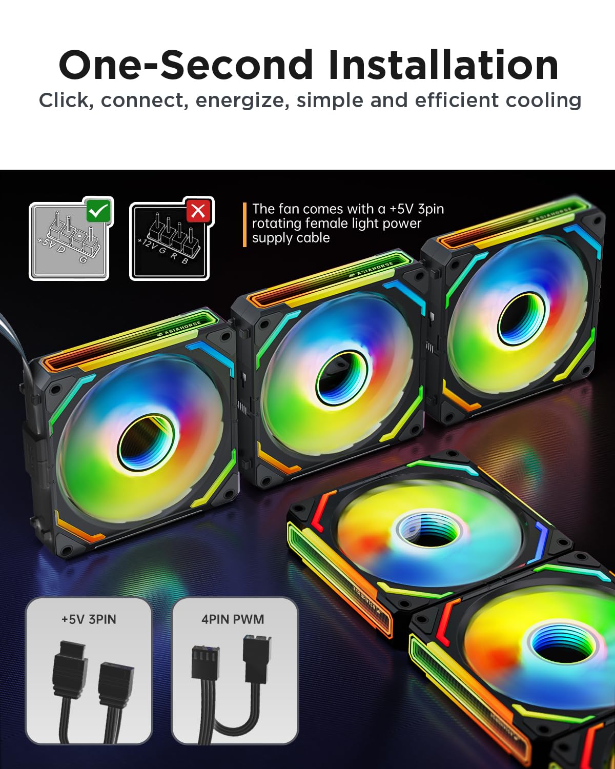 AsiaHorse COSMIQ 120mm RGB PC Case Fans - 5V 3-PIN ARGB PWM Daisy Chain Cooling Fans with Controller for Computer Cases, CPU Coolers & Liquid Cooling Systems (3-Pack, Black) - Perfect for Gaming PC Builds, Custom RGB Setups & High-Performance Cooling
