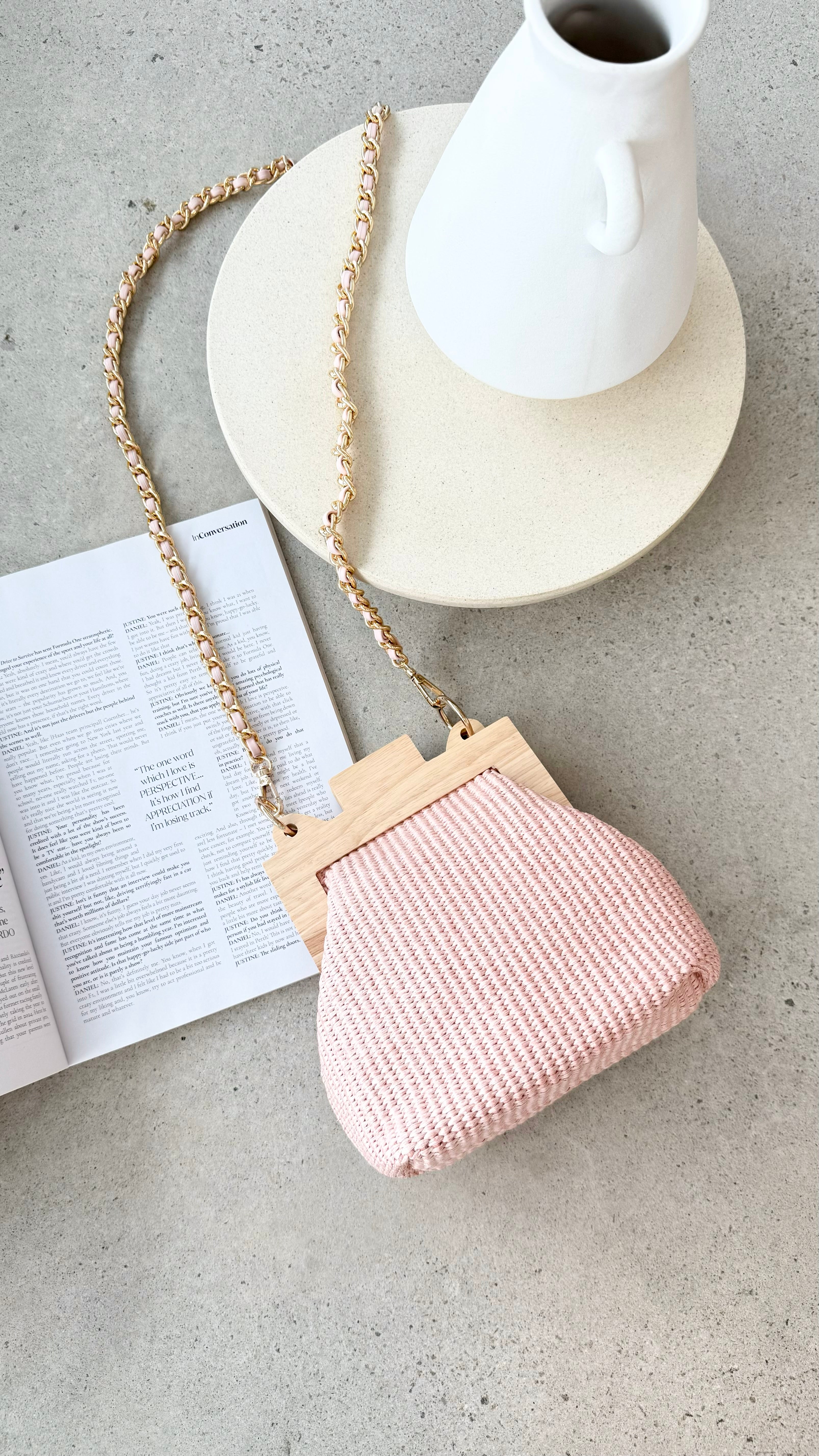 Abby Timber Frame Woven Mini Crossbody Bag in Pale Pink | Stylish & Lightweight for Women | Perfect for Parties, Dates & Everyday Use