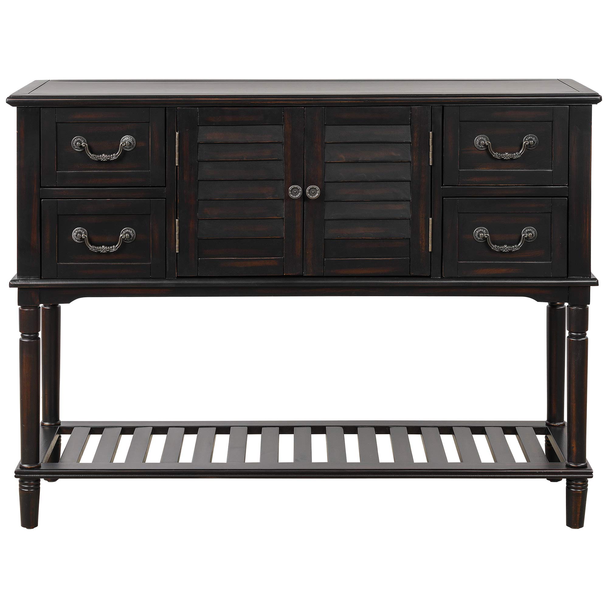 Stylish Espresso Wooden Storage Cabinet with Shutter Doors & 4 Drawers - Entryway Console Table, Sofa Side Desk, Multi-Functional Sideboard for Living Room, Hallway & Bedroom Organization