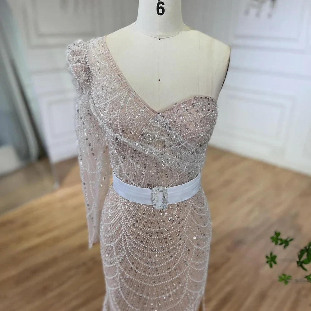 Elegant White One Shoulder Mermaid Evening Gown with Beaded Details - Luxury Formal Dress for Women - Perfect for Weddings, Galas & Special Occasions