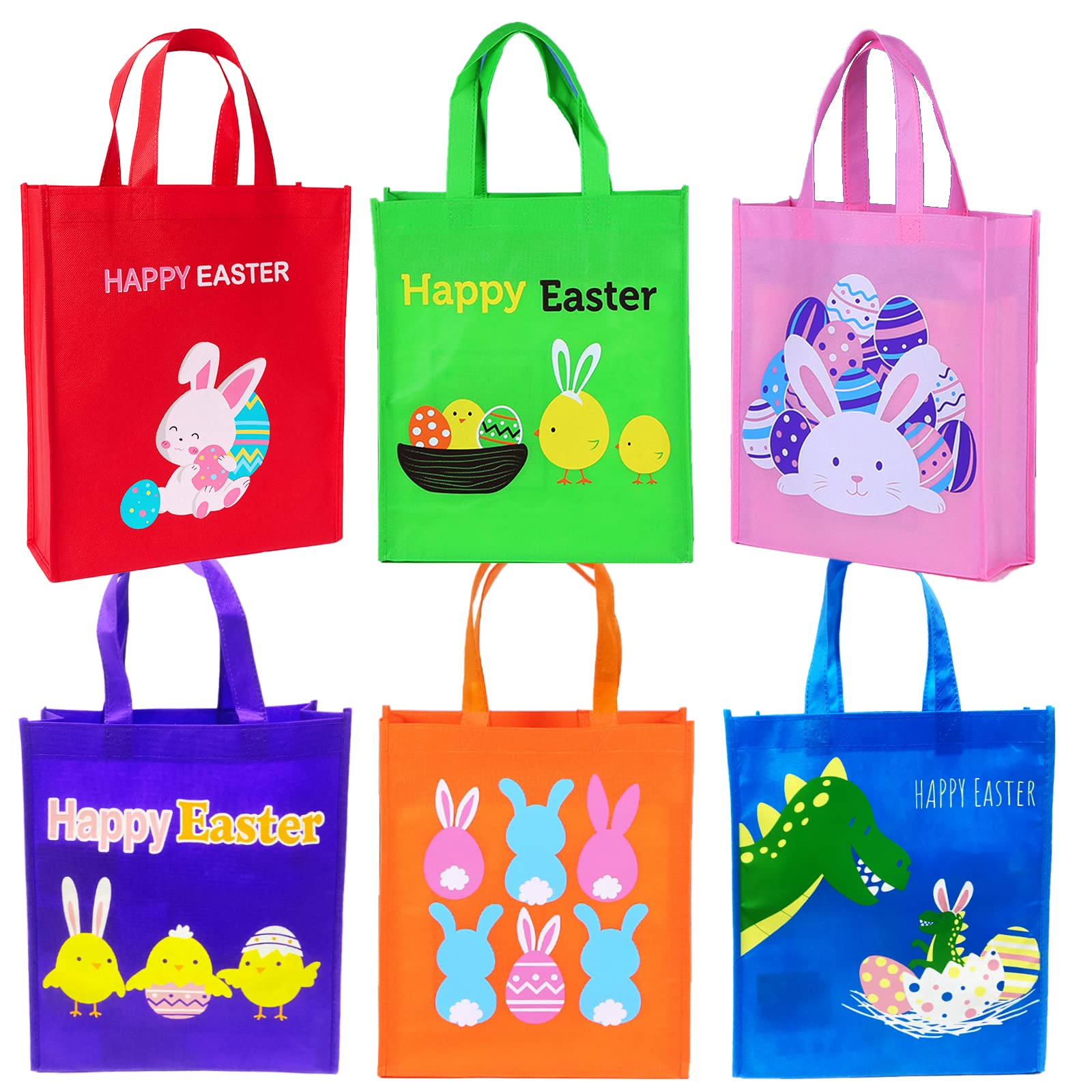 6 Pack Large Easter Gift Bags with Handles - Bunny & Egg Themed Kids Party Favor Treat Bags - Durable Non-Woven Tote for Easter Egg Hunts, Classroom Treats & Holiday Celebrations