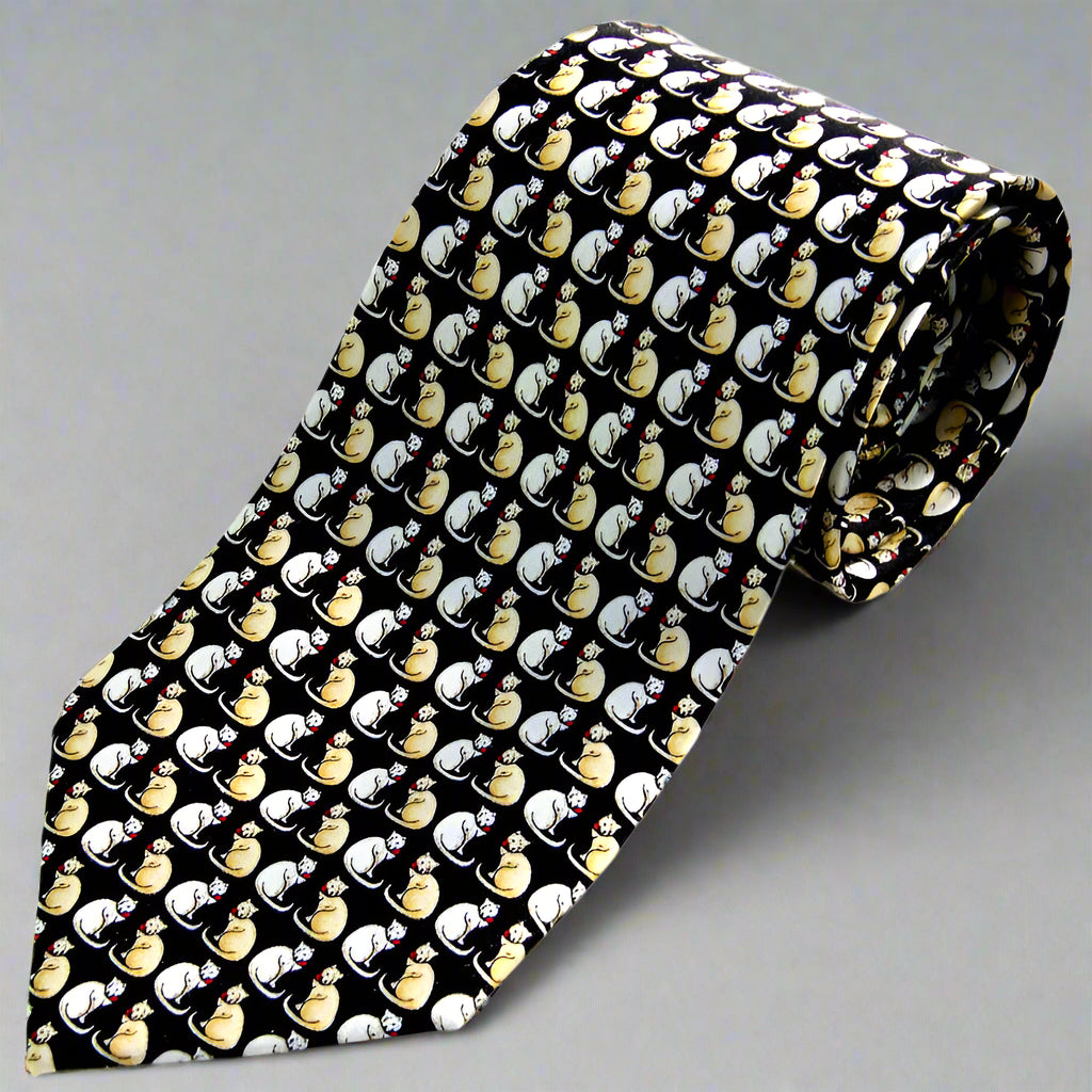 Elegant Black & Gold Cat Print Silk Necktie for Men - Perfect for Formal Events, Weddings, and Business Meetings