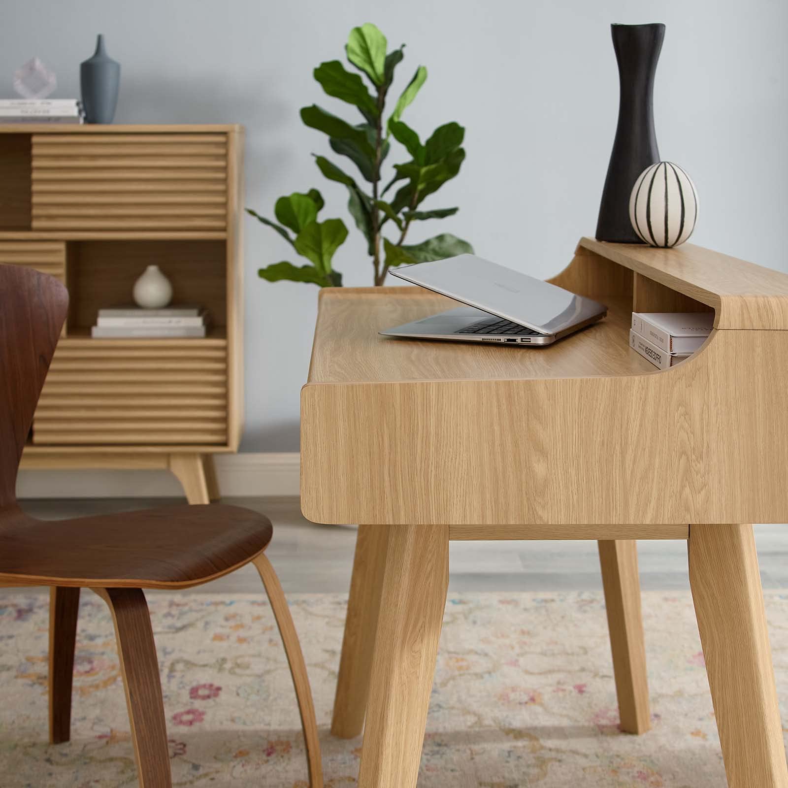Modern Brown Oak Wood Computer Work Desk - Contemporary Home Office Furniture for Business & Remote Work