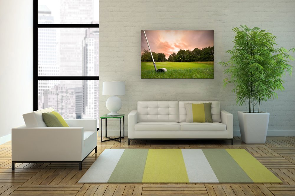 Golf Club Sunset Landscape Canvas Wall Art - Framed & Ready to Hang (24x16 Inches) - Perfect for Living Room, Office & Man Cave Decor