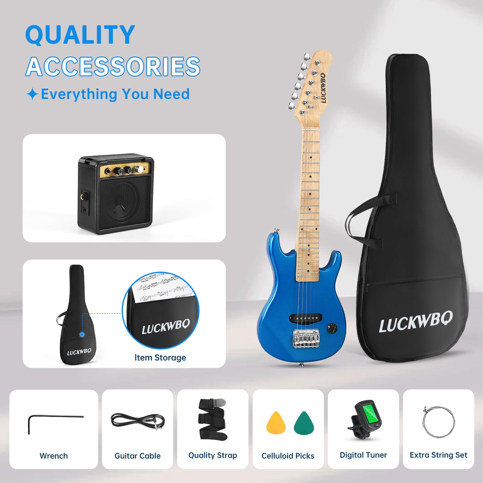 **30 Inch Kids Electric Guitar Beginner Kit - ST Style Mini Electric Guitar for Boys & Girls with 5W Amp, Strap, Gig Bag, Tuner & Picks (Blue) - Perfect for Learning, Practice & Performances**