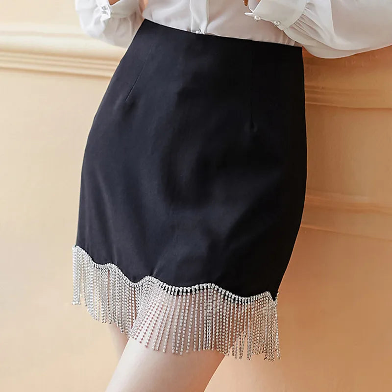 Black Patchwork Chain Casual High Waisted A-Line Mini Skirt for Women | Korean Fashion Summer Skirt | Perfect for Streetwear, Dating, and Party Outfits