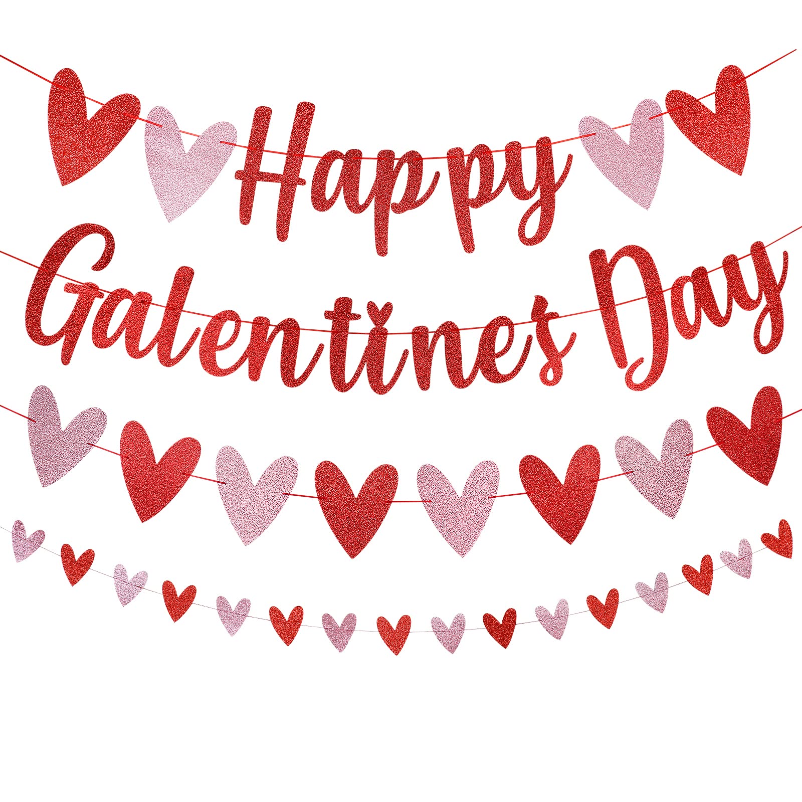 Red Glitter Happy Galentine's Day Banner & Valentine's Heart Garland Decor - Perfect for Galentine's Parties, Valentine's Wedding, Anniversary Celebrations & Romantic Home Decor