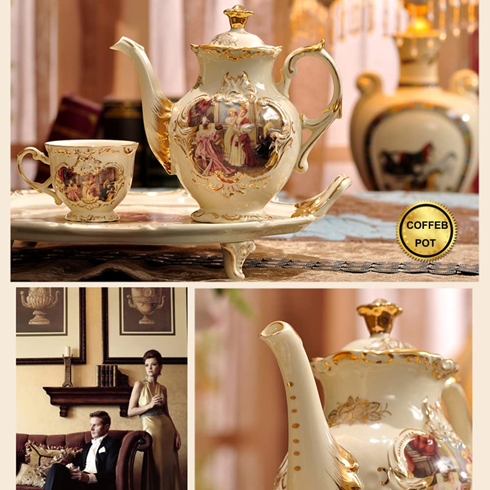 8-Piece Porcelain Coffee and Tea Gift Set with 6 Cups, Teapot, Serving Tray & Espresso Cups - European Classic Gold Trim Design - Elegant Tea Party Set for Home, Office or Gifting