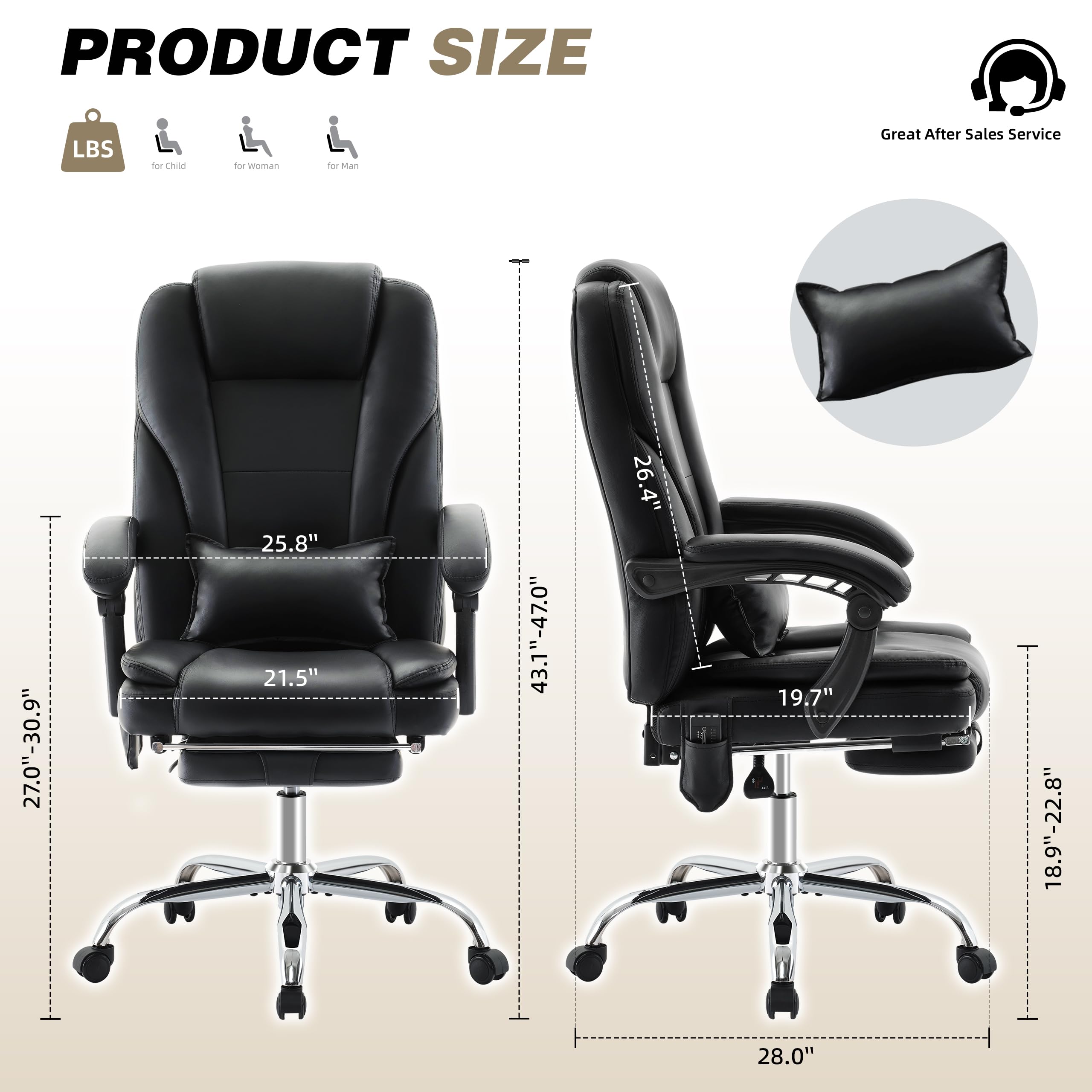 Premium Ergonomic Executive Office Chair with Massage & Heat - 500LBS Capacity PU Leather Reclining Chair with Wide Seat, Footrest & Lumbar Support - Perfect for Home Office, Gaming & Workspace Comfort (Black)
