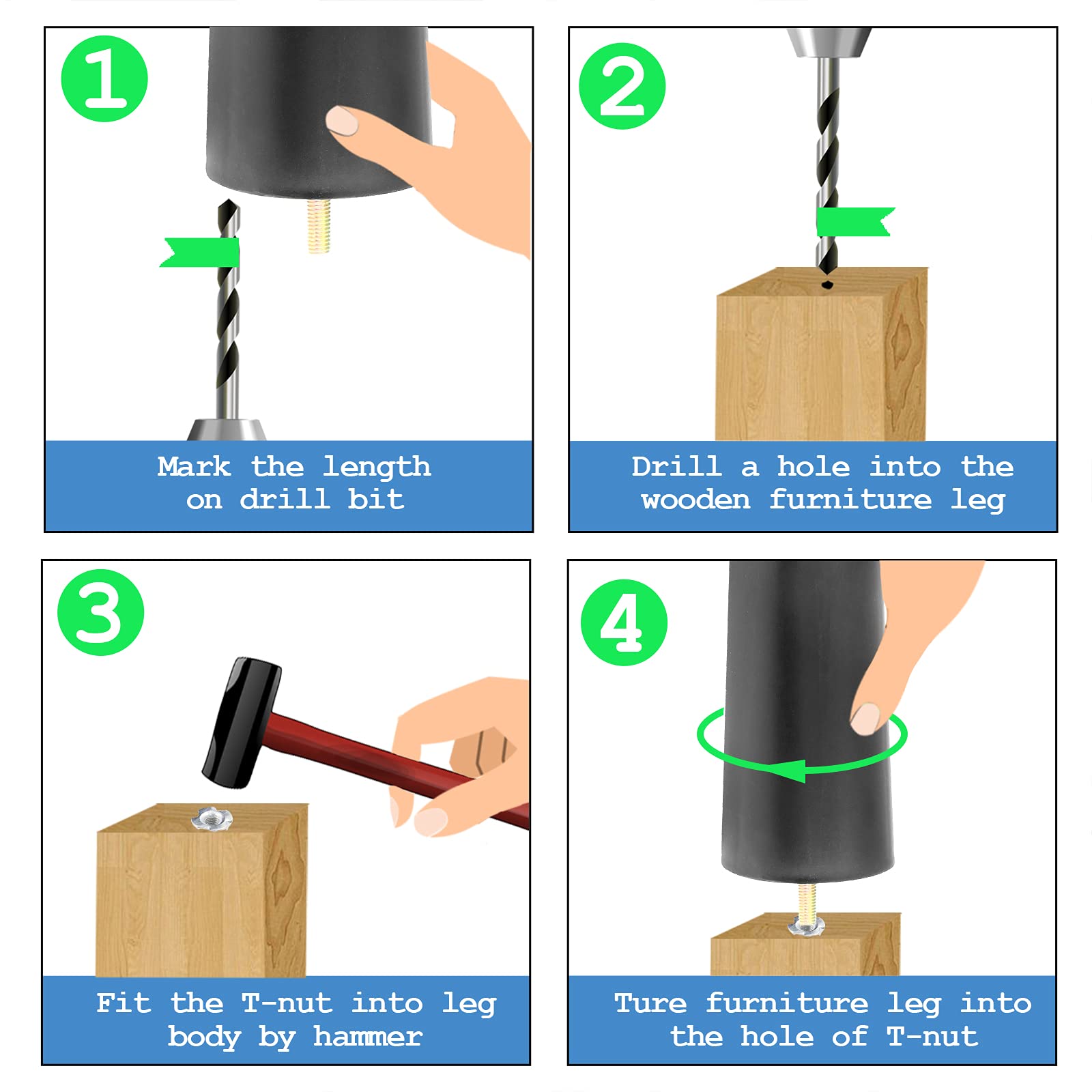 4Pcs 8 Inch Tapered Plastic Sofa Legs with M8 Hanger Bolts - Heavy Duty Furniture Legs for Sofa, Dresser, Cabinet, Chair, Bed & Coffee Table - Perfect for Home Office and Living Room Furniture Upgrades