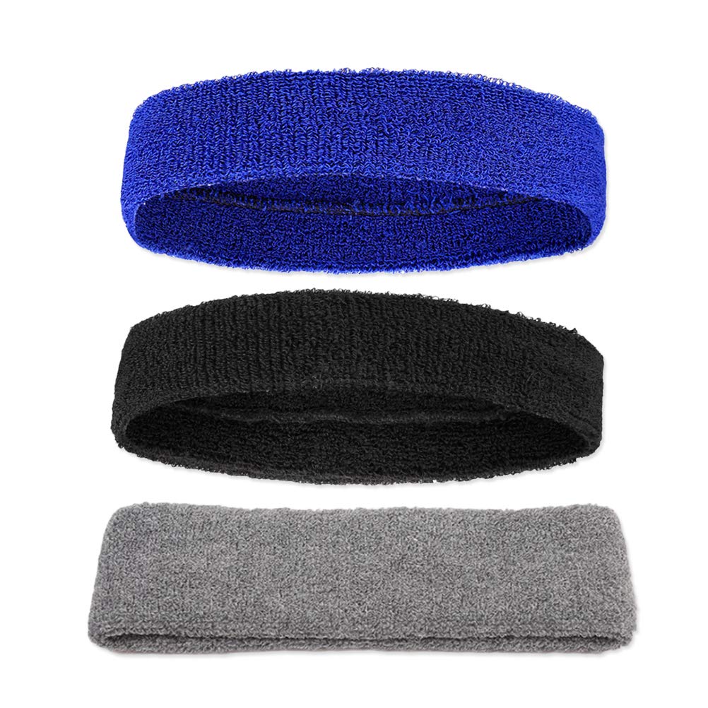 LIOOBO 3 Pack Sports Headbands for Women - Moisture Wicking Terry Cloth Sweatbands, Non-Slip Athletic Hair Bands (Black, Sapphire, Gray) - Perfect for Running, Yoga, Workout & Gym