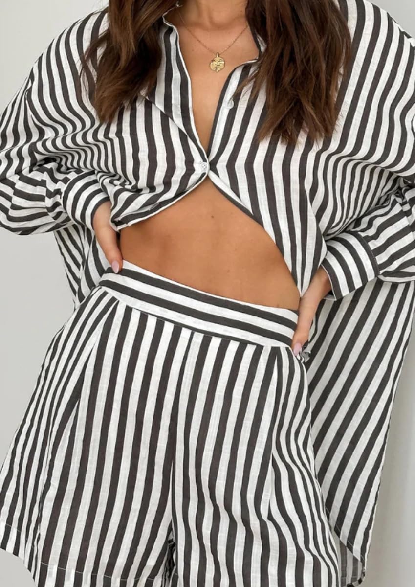 Chouyatou Women's 2-Piece Lounge Set - Striped Button Down Shirt & Shorts Pajama Set | Soft Sleepwear for Women | Perfect for Lounging, Sleeping & Relaxing at Home