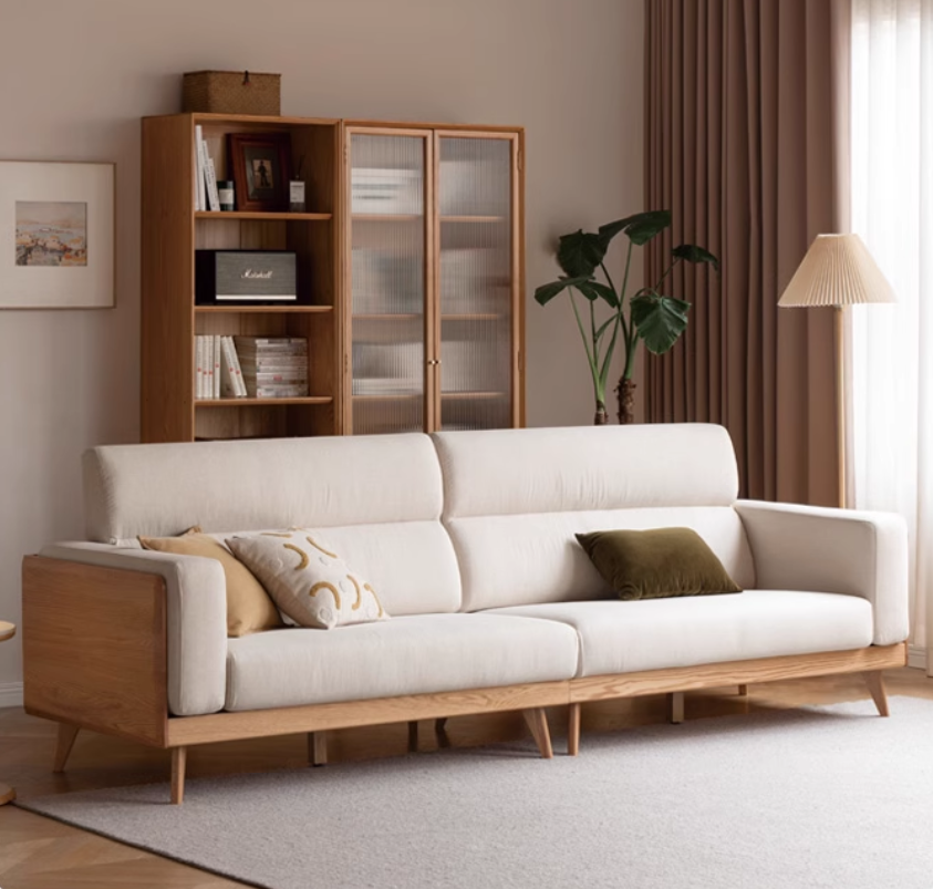Modern Oak Solid Wood Upholstered Fabric Sofa - Stylish & Durable Living Room Furniture for Home, Office, or Lounge