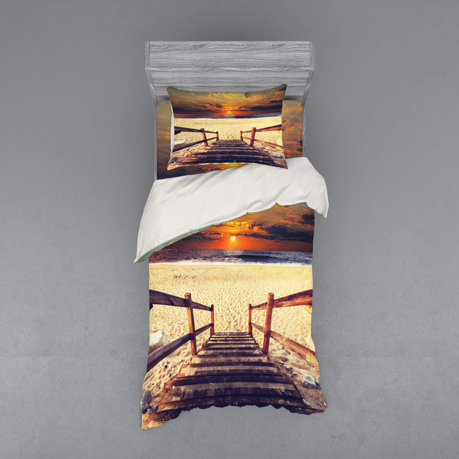 Ambesonne Beach Duvet Cover Set - Stairs to Beach with Dramatic Horizon & Magic Skyline Print, 3-Piece Twin Size Bedding Set (Duvet Cover, Sham, Fitted Sheet) in Orange Cream - Perfect for Coastal Themed Bedrooms & Vacation Homes